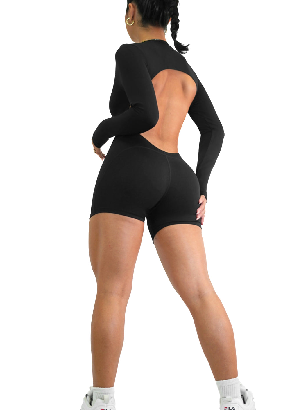 Backless Long Sleeve Short Romper (Black) – Fitness Fashioness