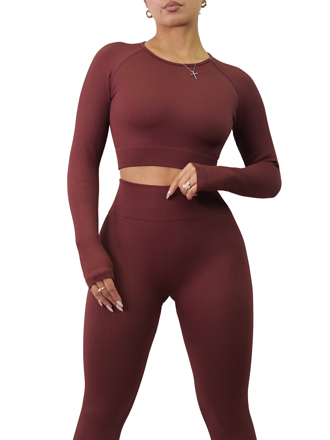 Fitted Ribbed Long Sleeve Top (Apple Brown)