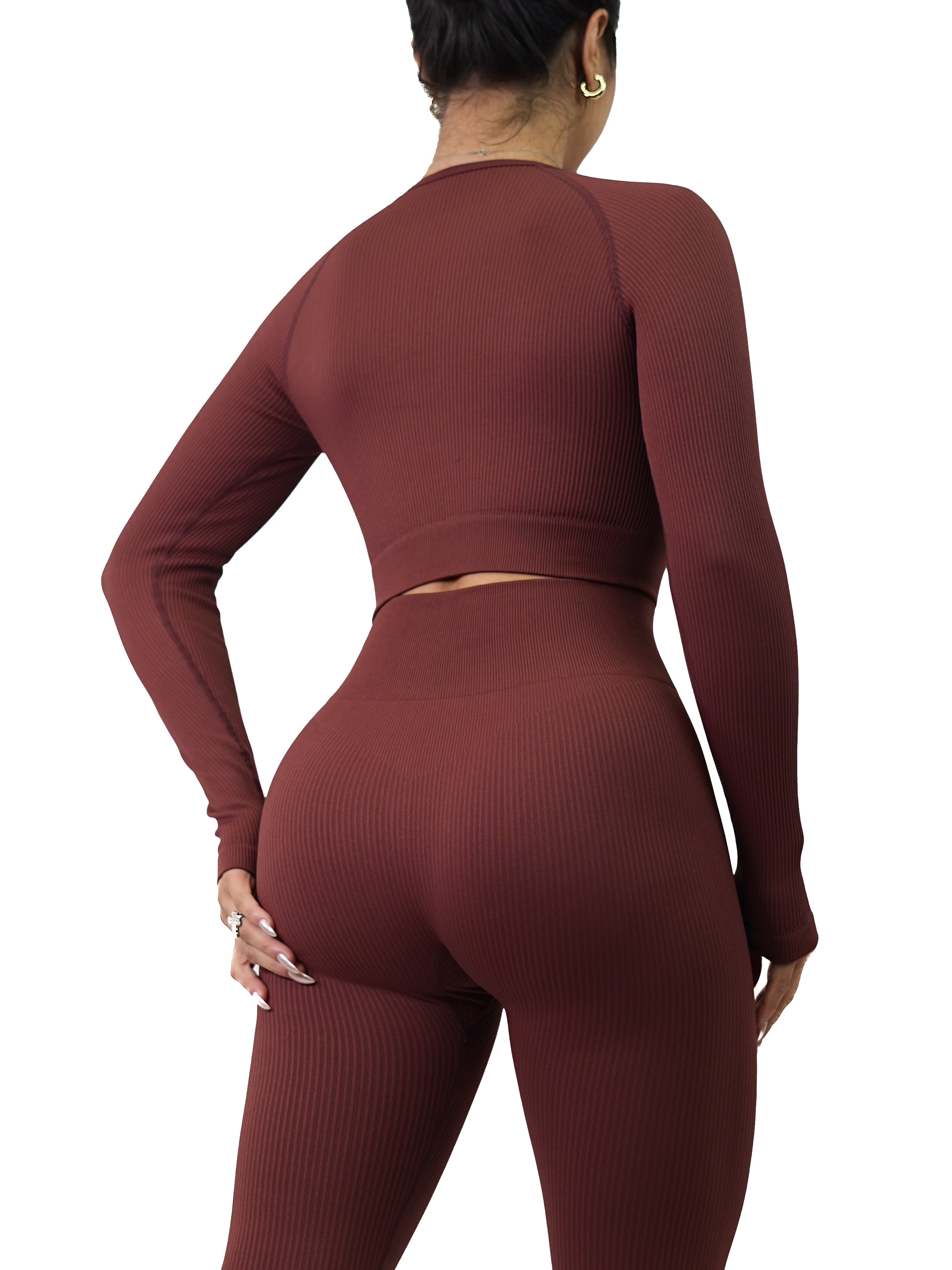 Fitted Ribbed Long Sleeve Top (Apple Brown)