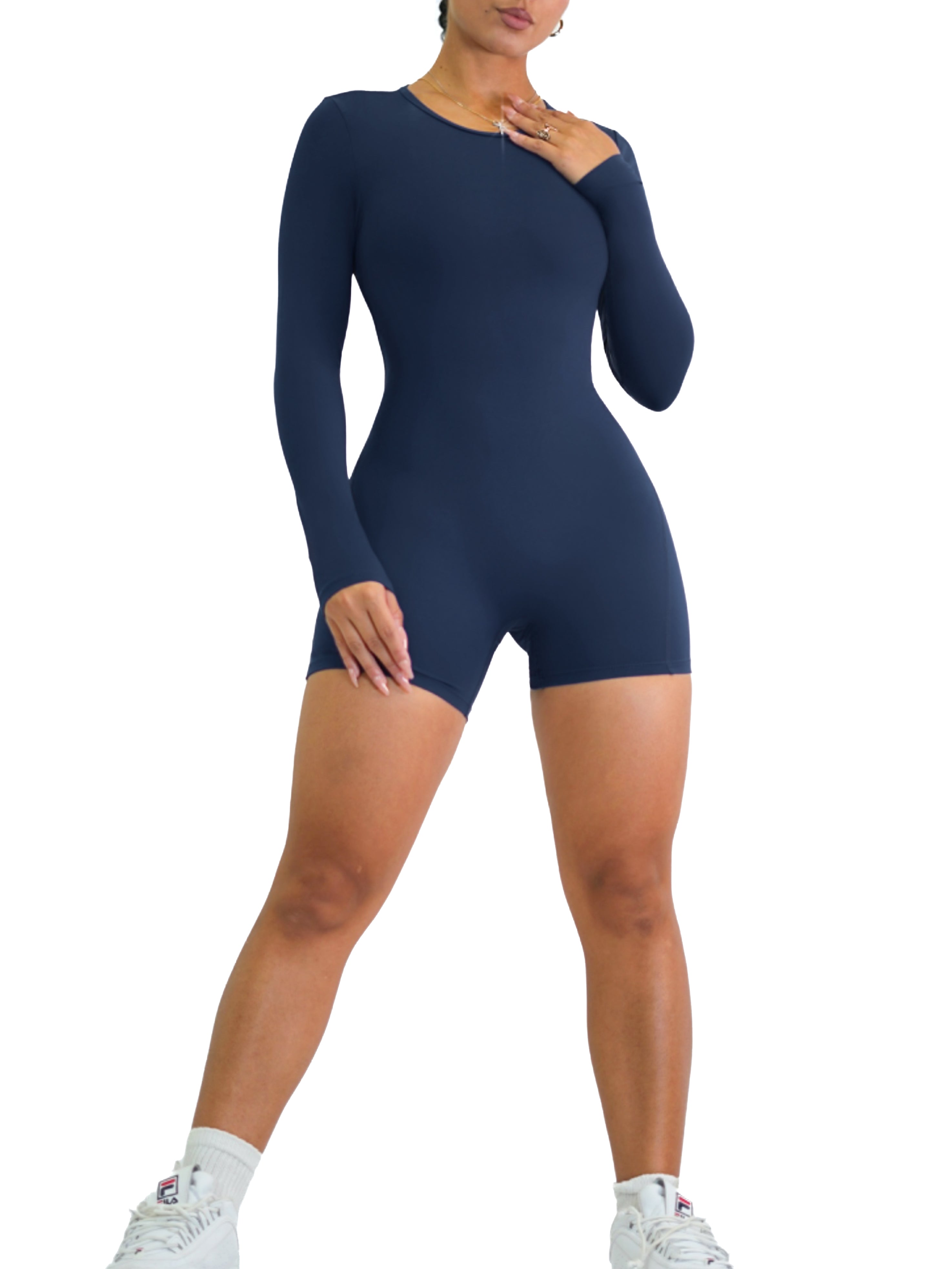 Backless Long Sleeve Short Romper (Elegant Navy)