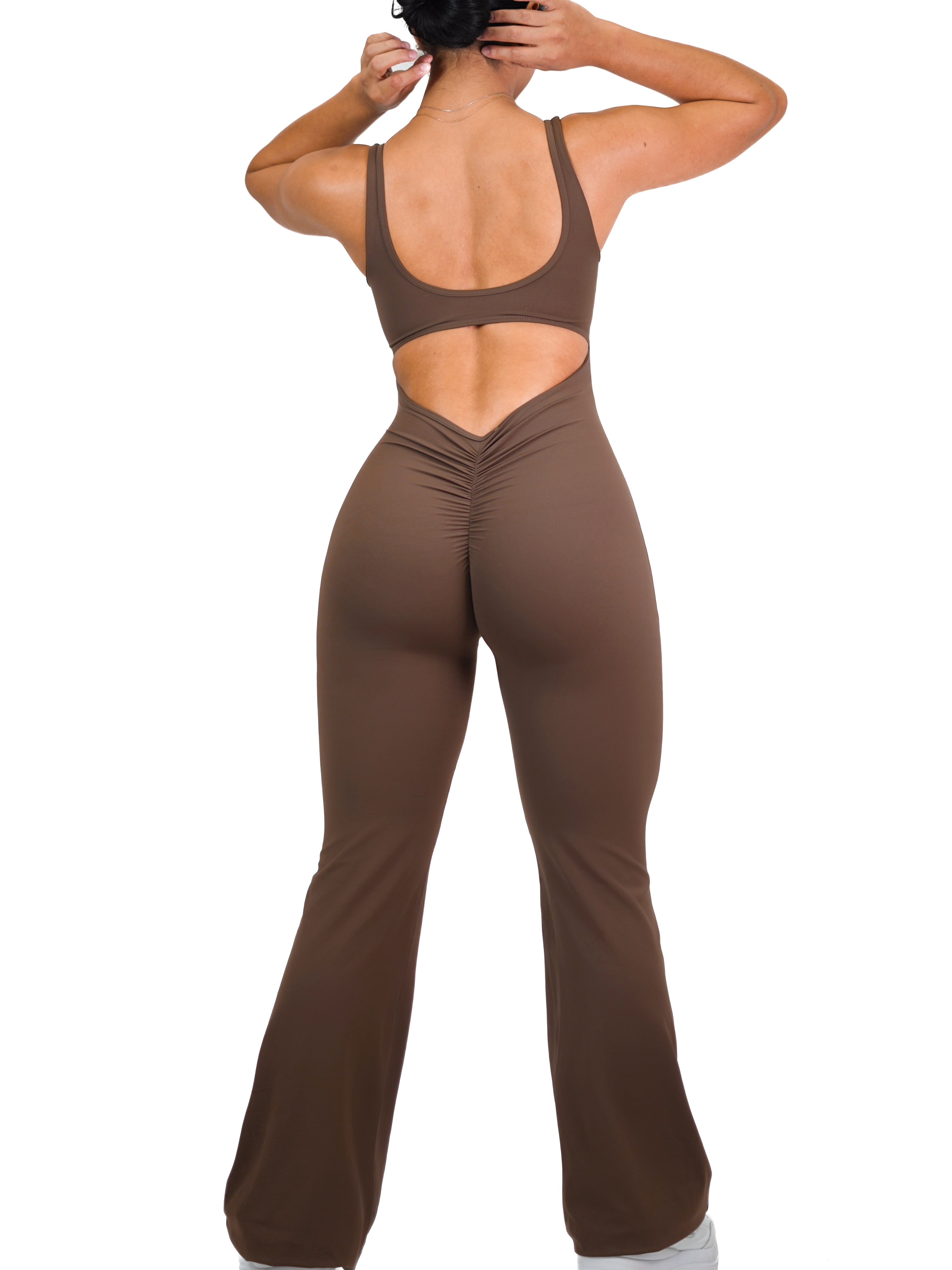 Flare Scrunch Jumpsuit (Brown)