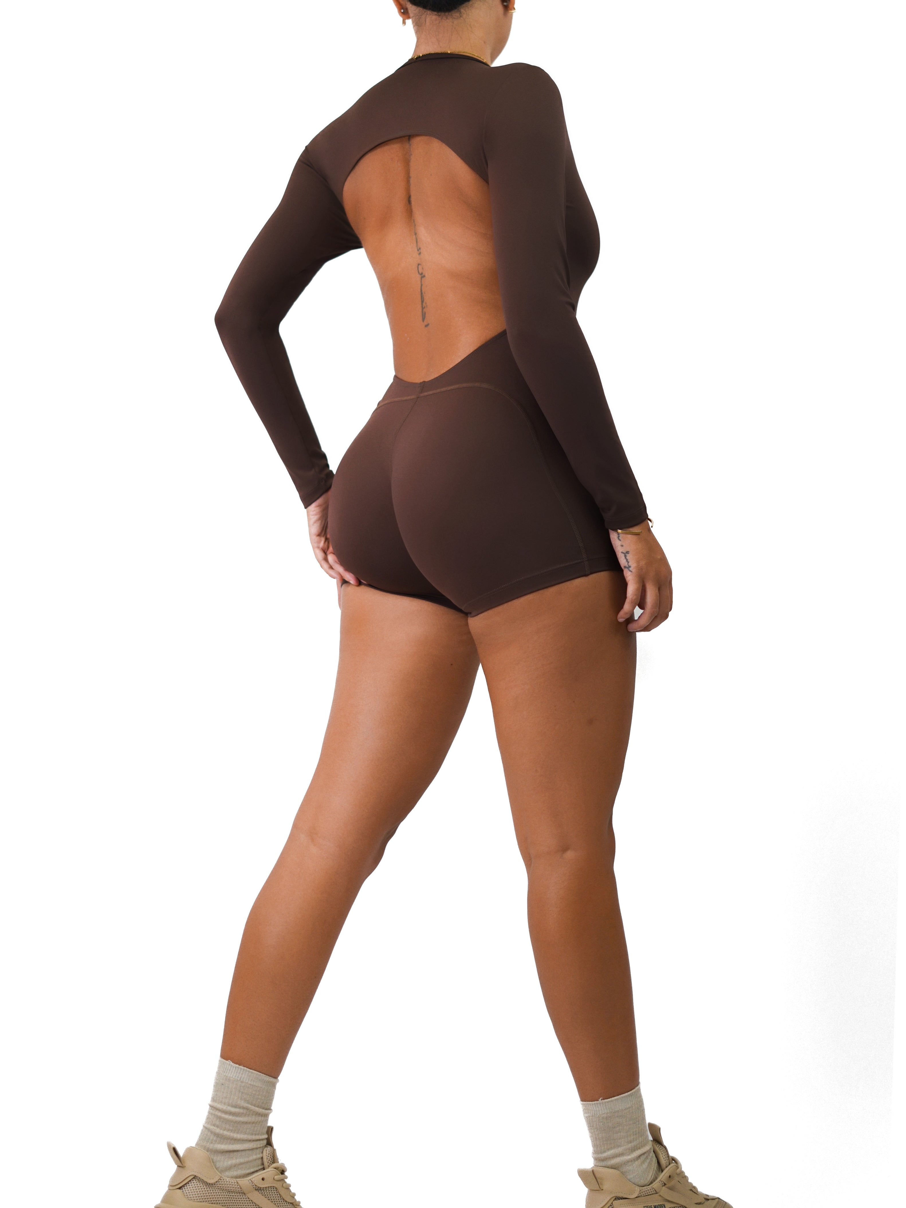 Backless Long Sleeve Short Romper (Cocoa Brown)