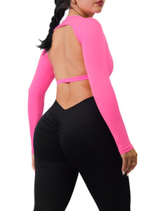 Open Back Long Sleeve Sports Top (Hot Pink)