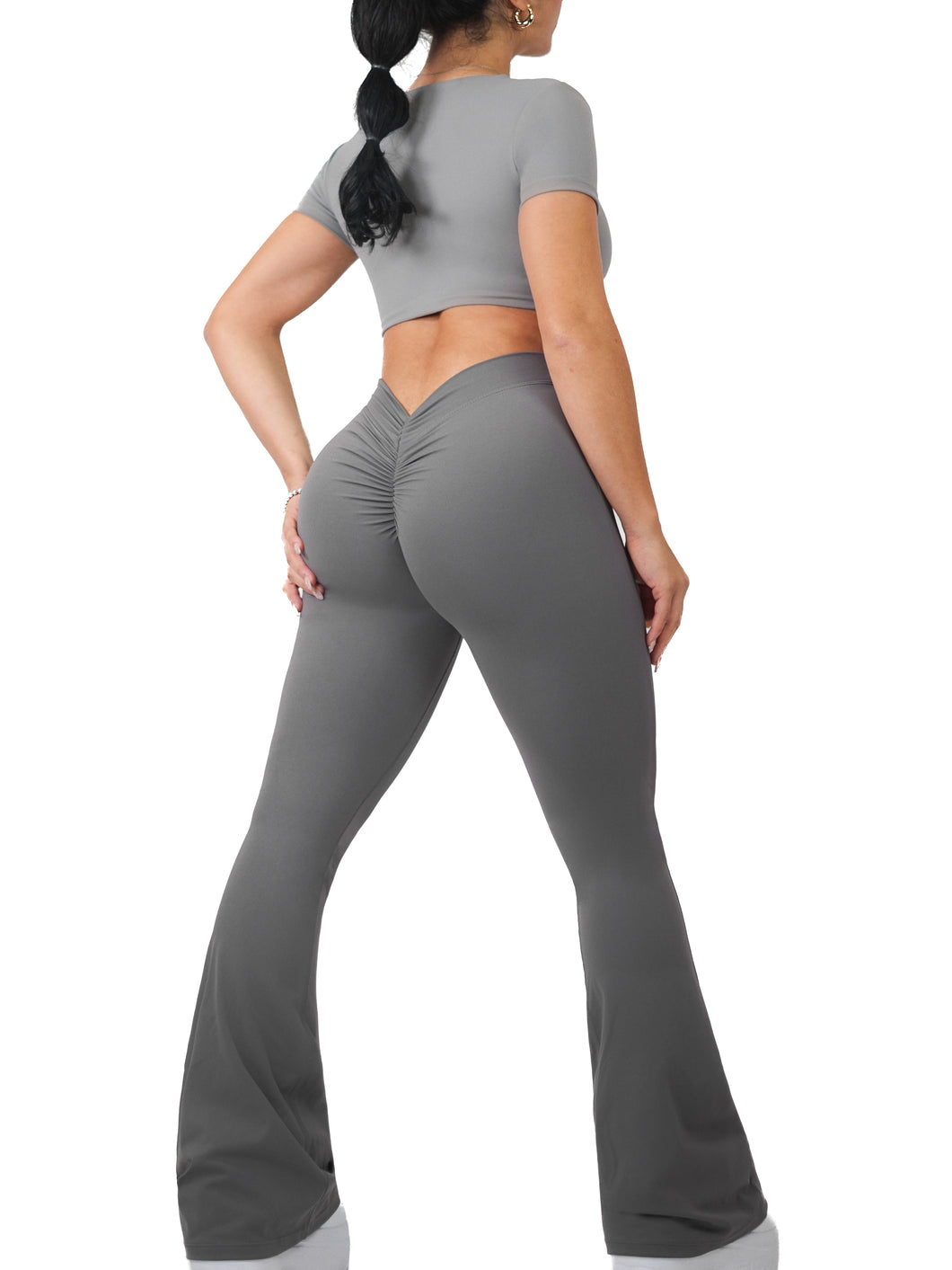 Low Back Scrunch Flare Leggings (Gray) – Fitness Fashioness