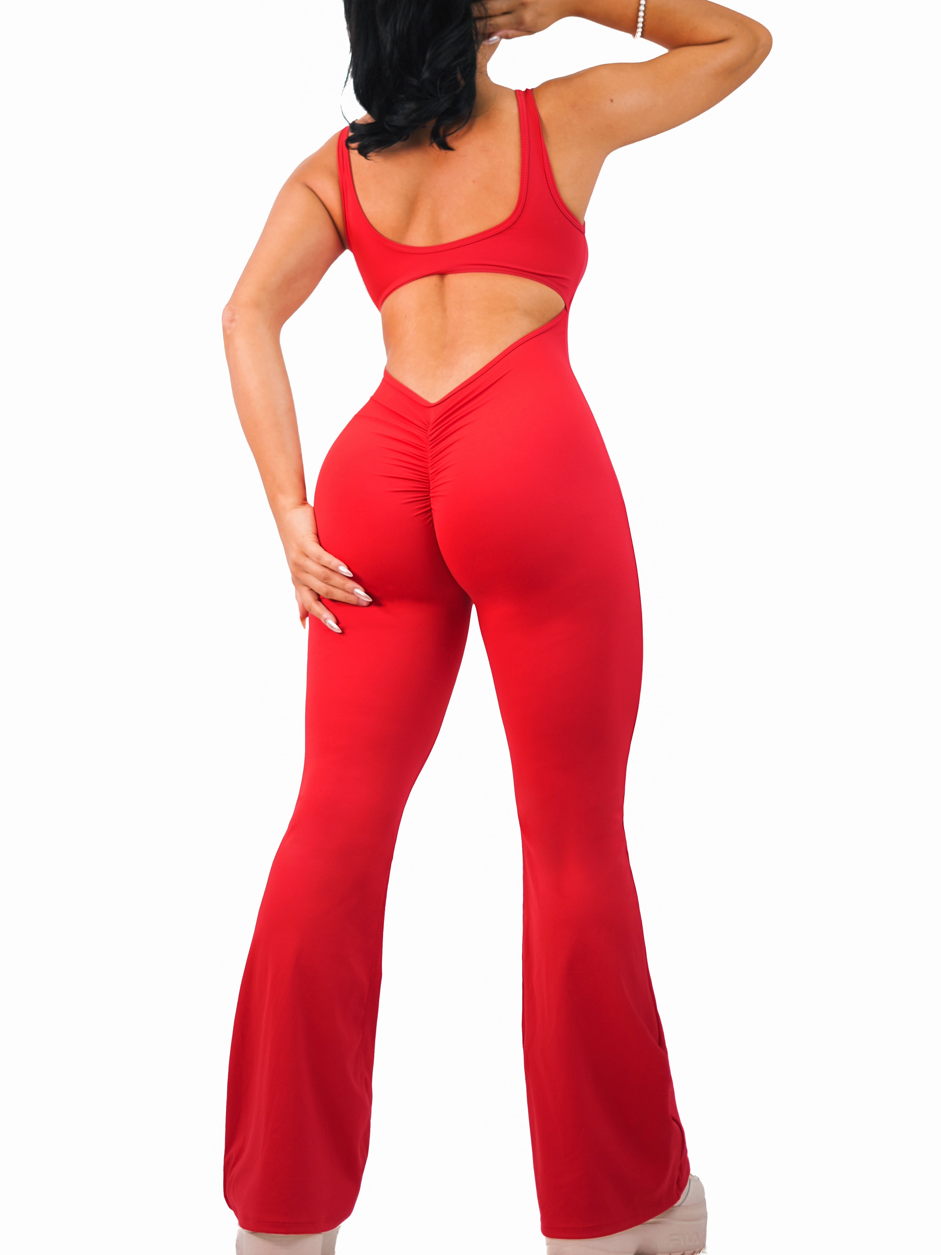Flare Scrunch Jumpsuit (Scarlet Red)