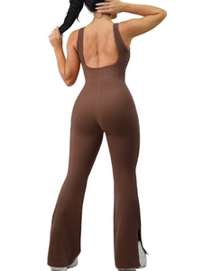 Seamless Flare Slit Jumpsuit (Brown)