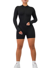 Load image into Gallery viewer, Ribbed Long Sleeve Zipper Romper (Black)