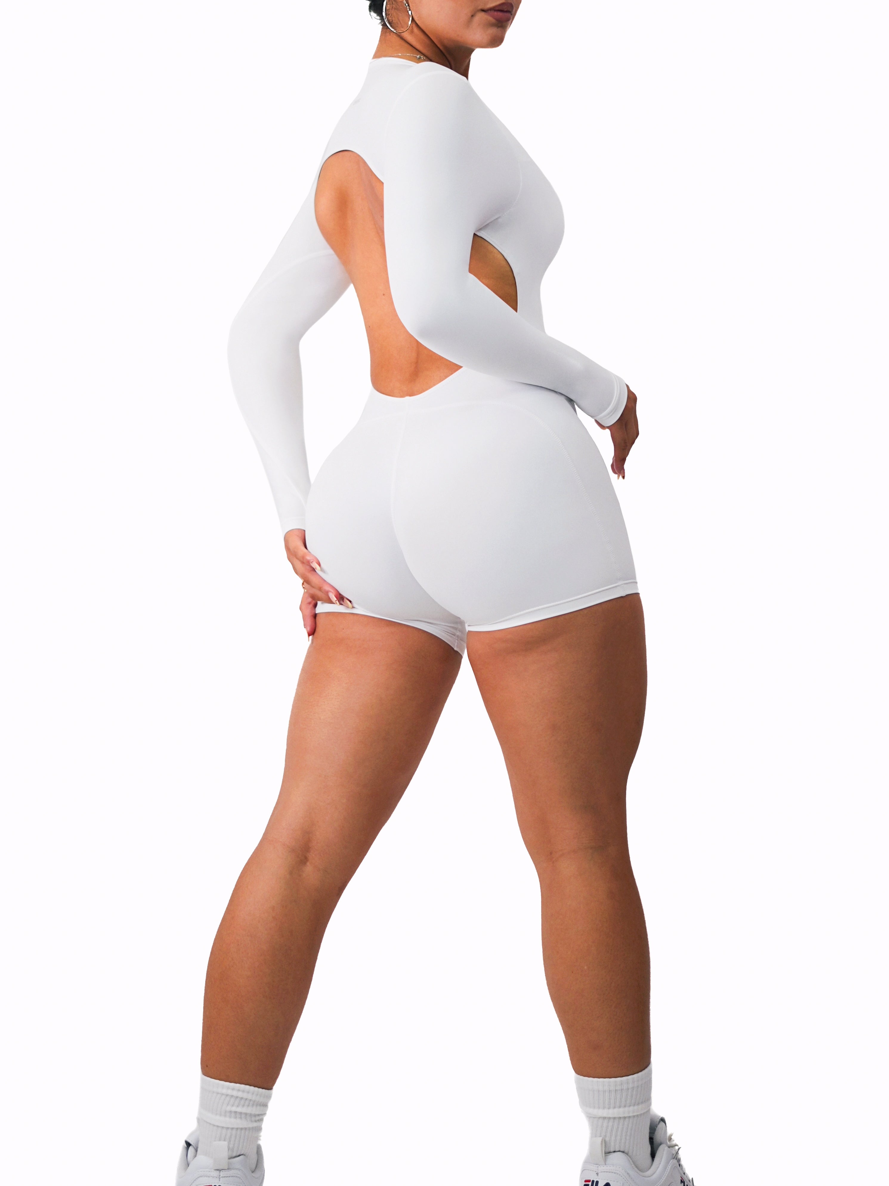 Backless Long Sleeve Short Romper (White)