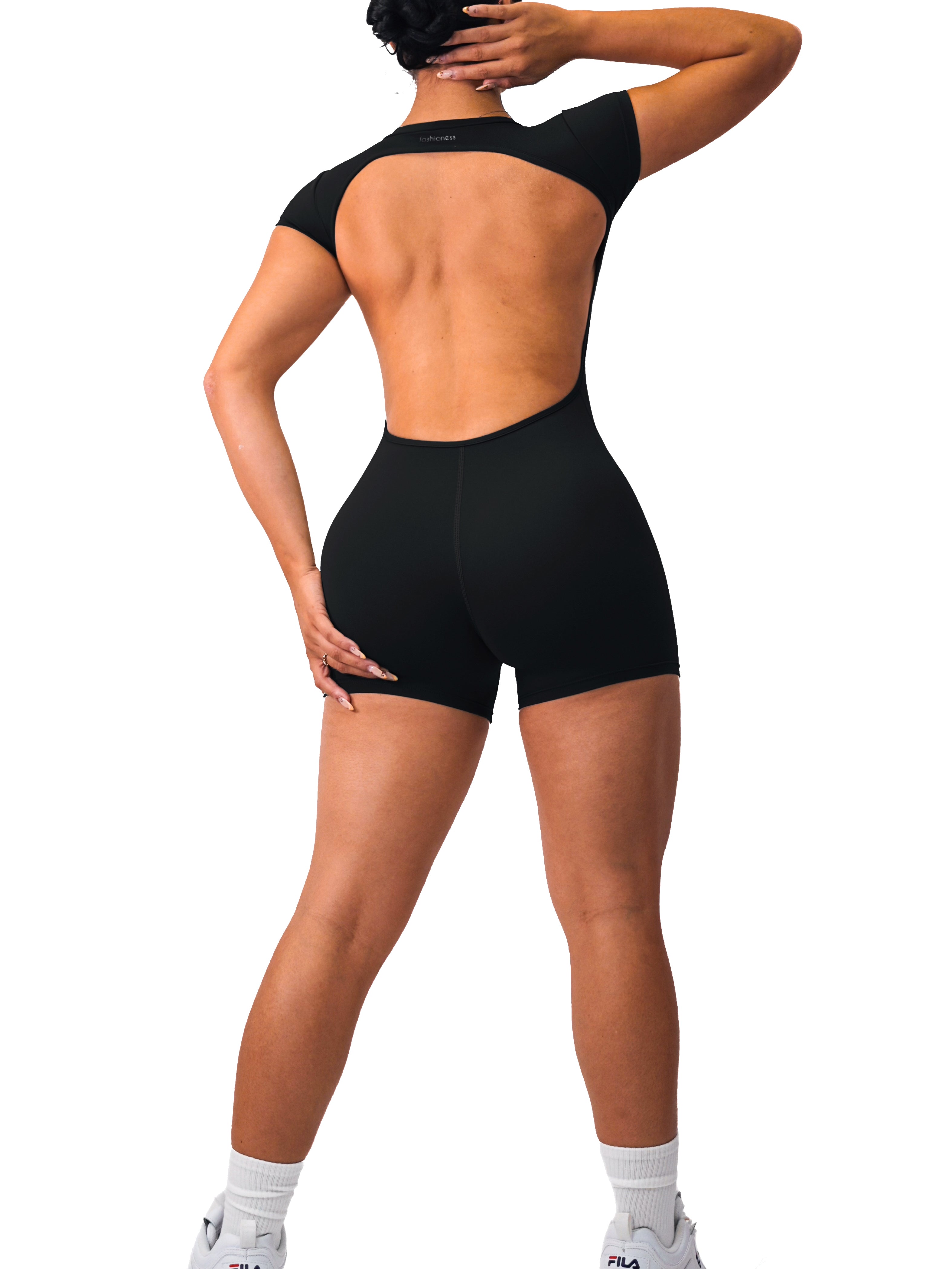 Backless Short Sleeve Short Romper (Black)