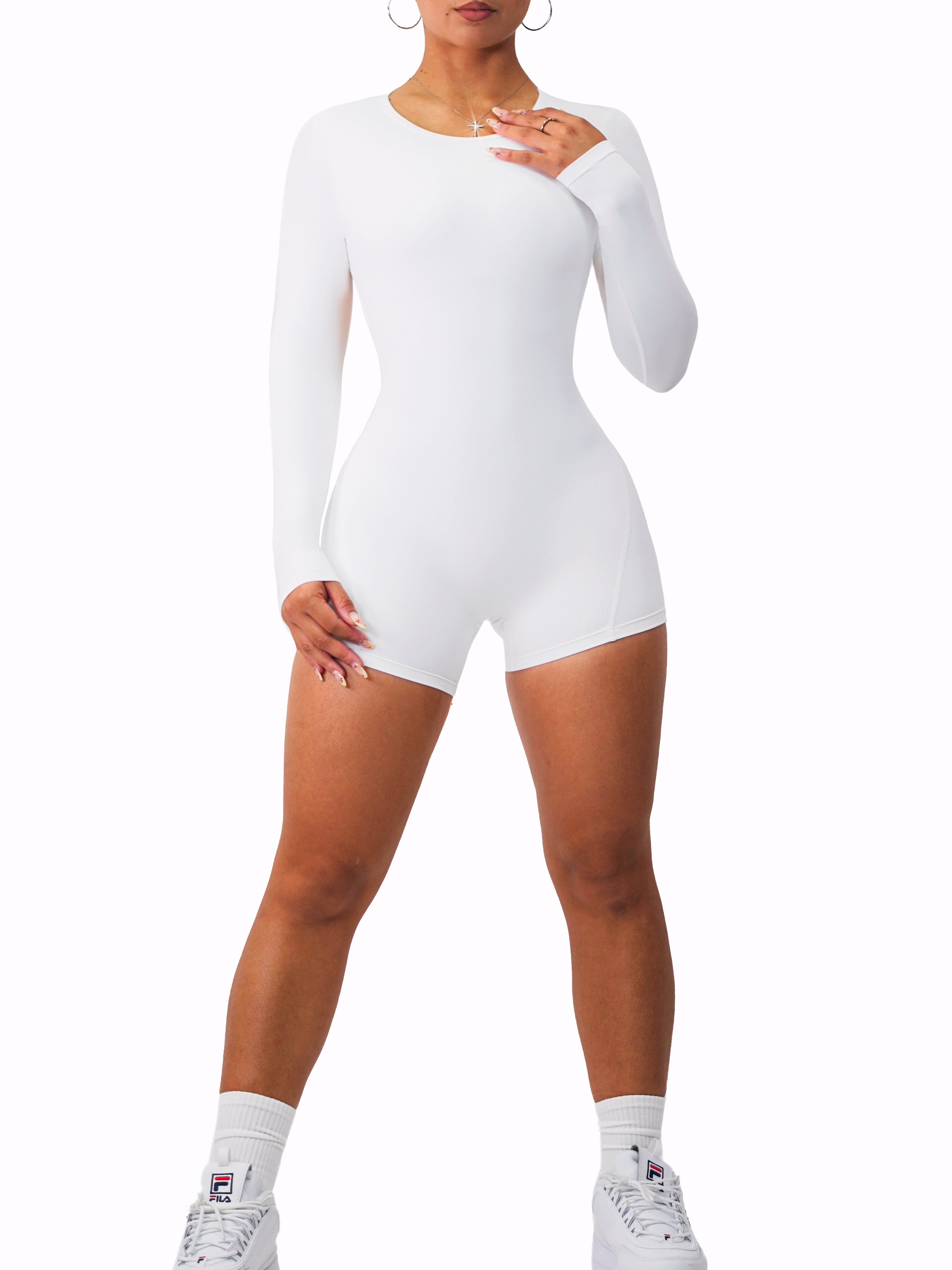 Backless Long Sleeve Short Romper (White)