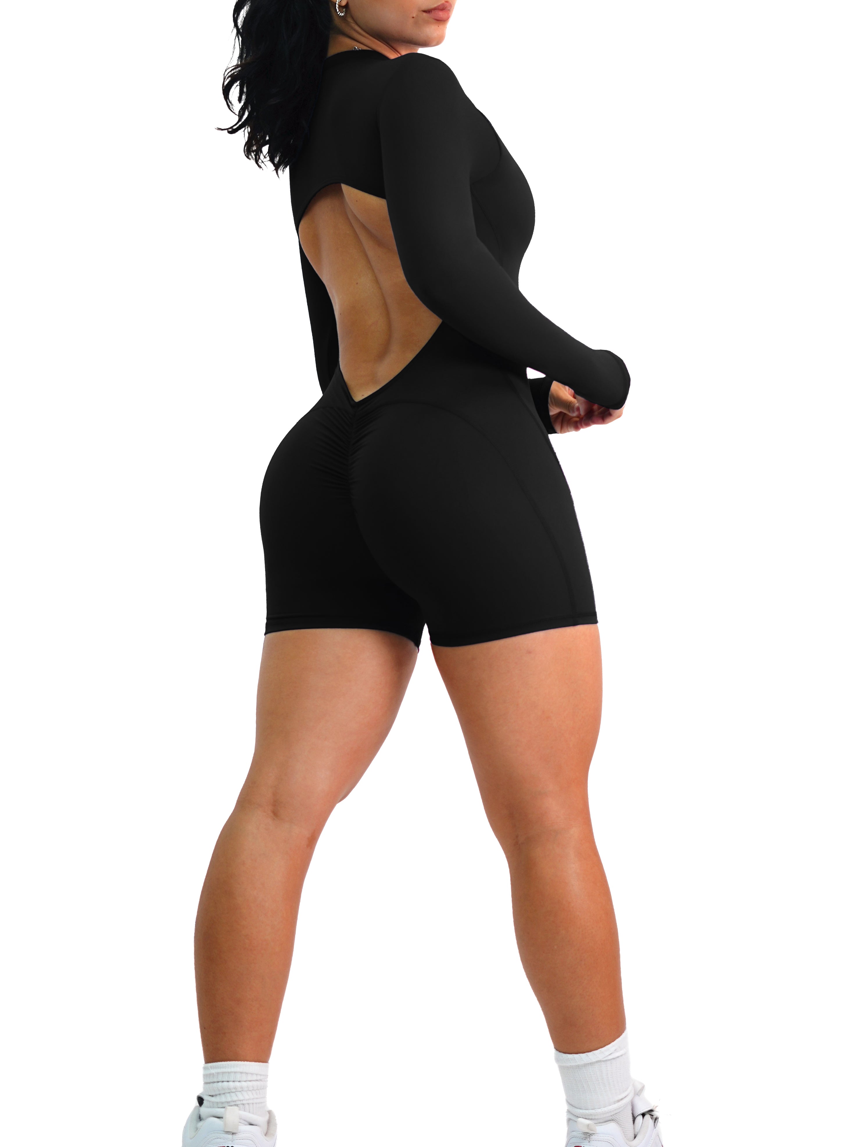 Backless Scrunch Long Sleeve Short Romper (Black)