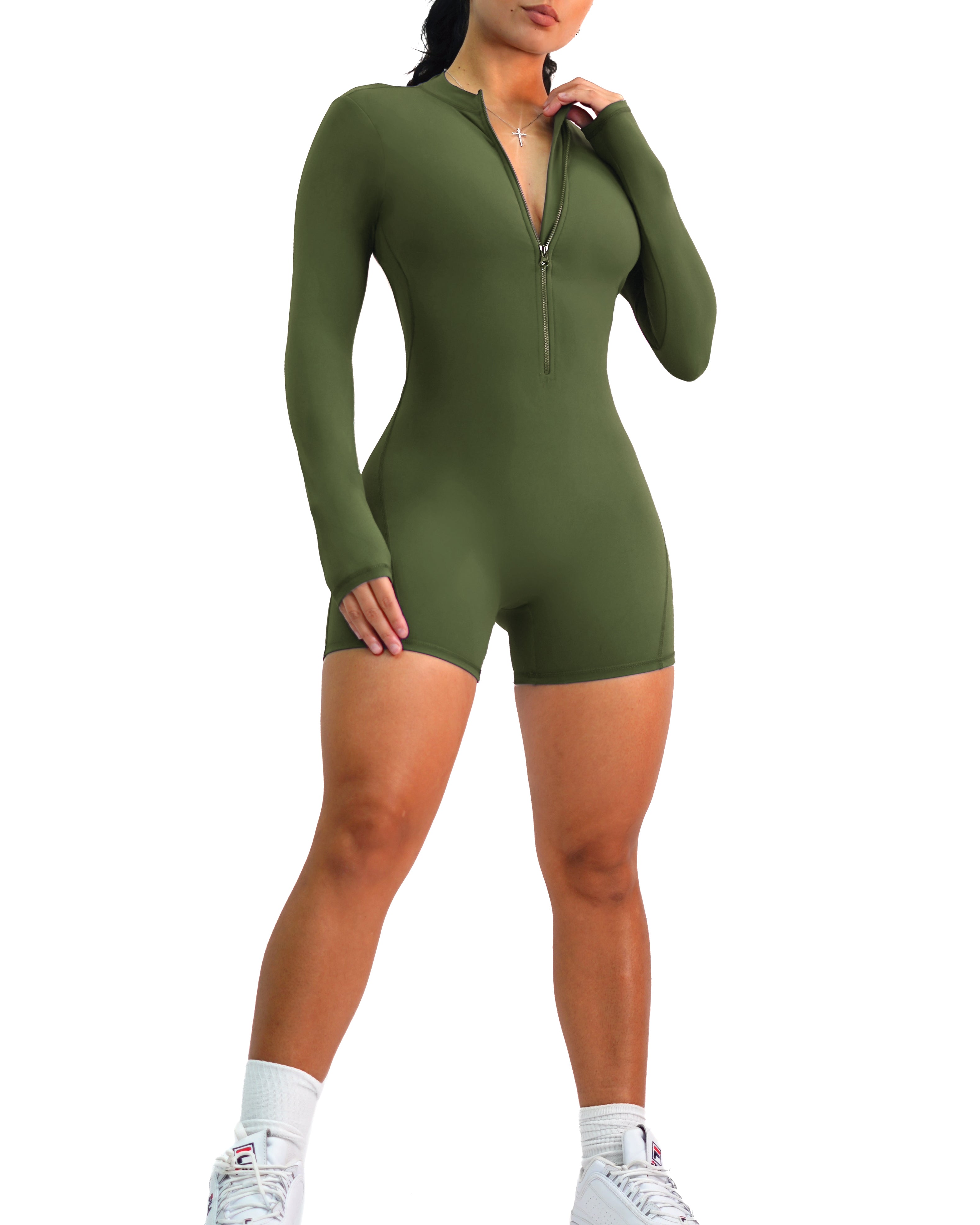 Backless Scrunch Long Sleeve Short Romper (Wild Green)