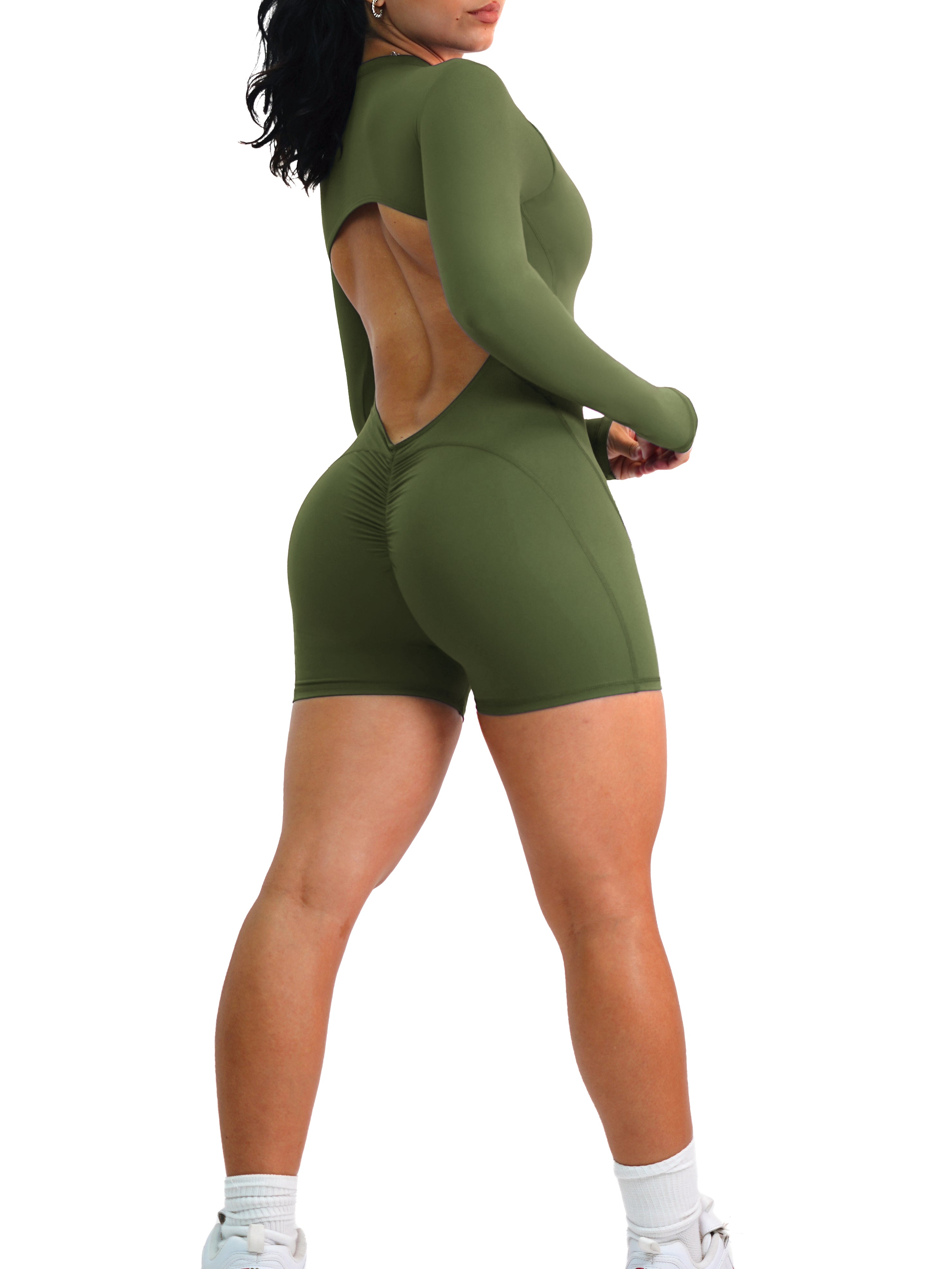 Backless Scrunch Long Sleeve Short Romper (Wild Green)