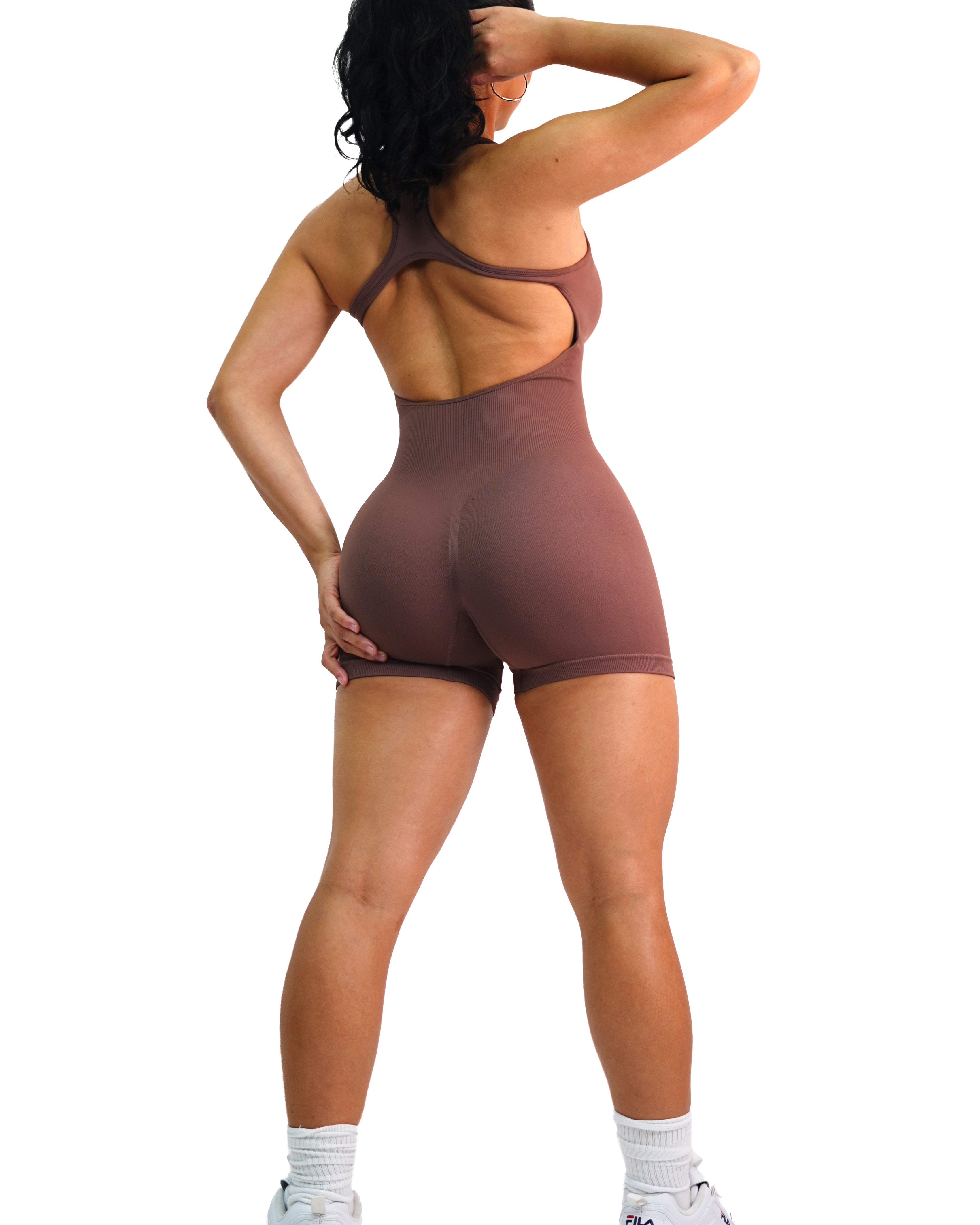 Snatch Me Open Back Short Romper (Brown)