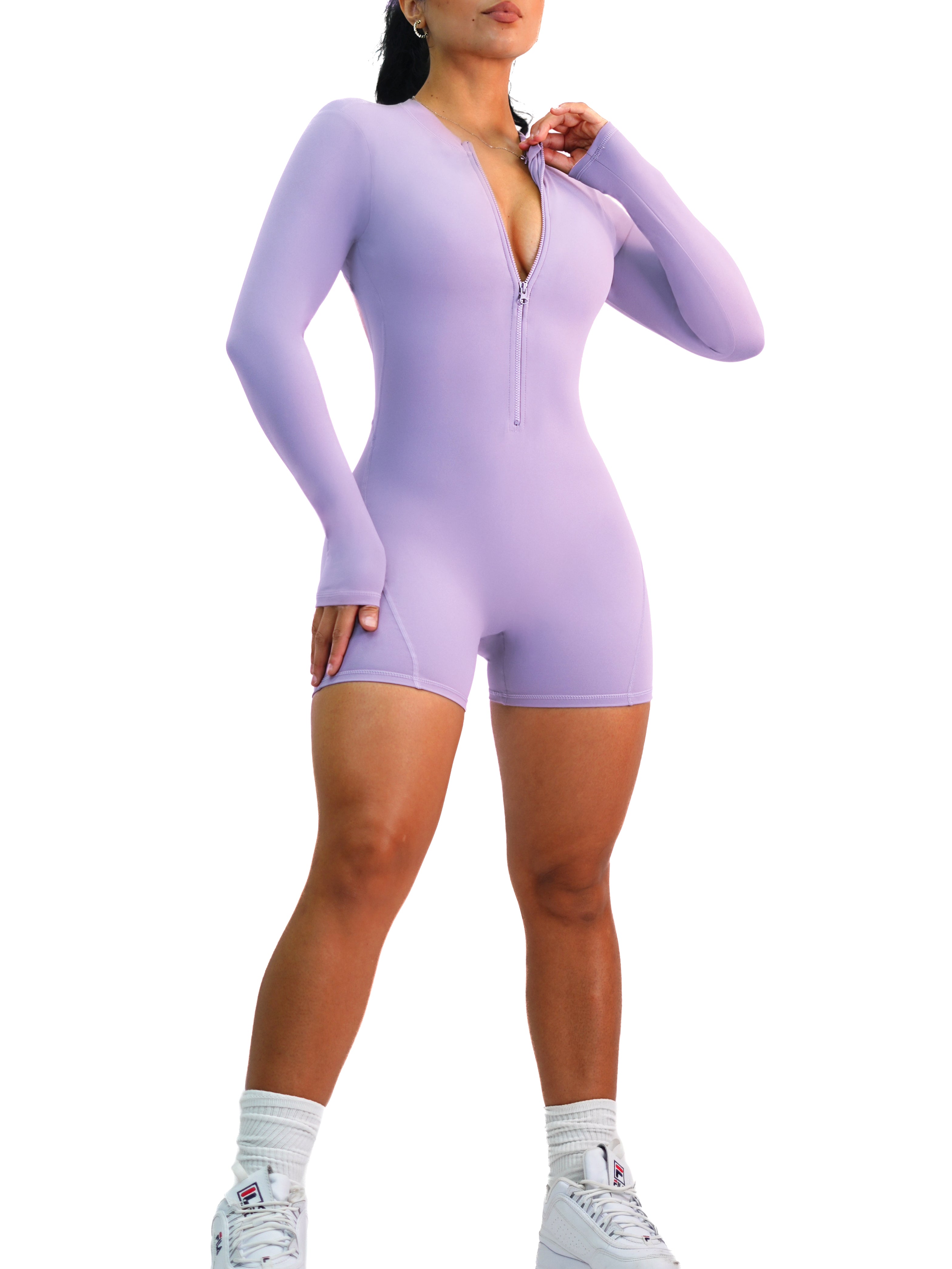 Backless Scrunch Long Sleeve Short Romper (Lilac)