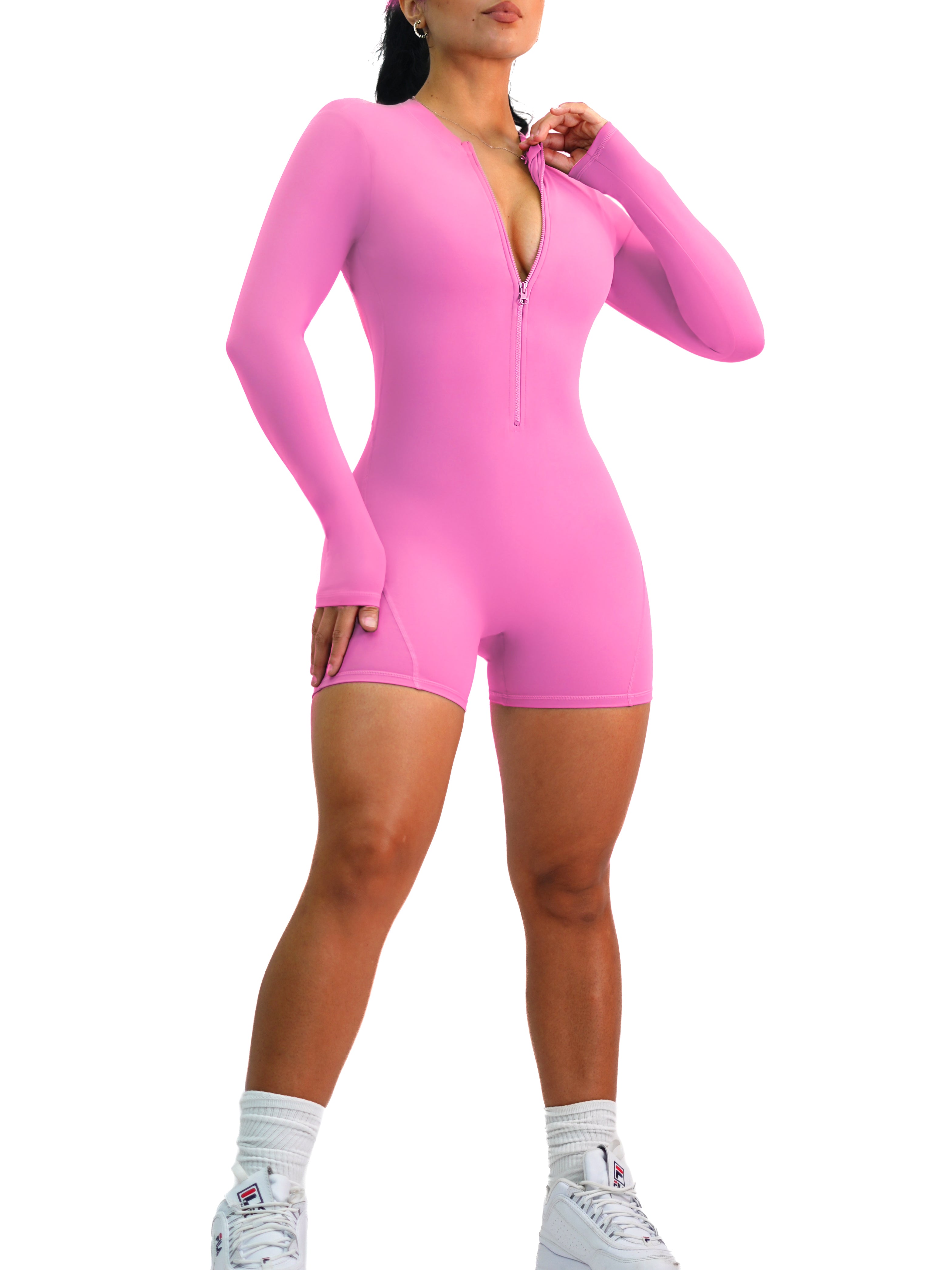 Backless Scrunch Long Sleeve Short Romper (Flamingo Pink)