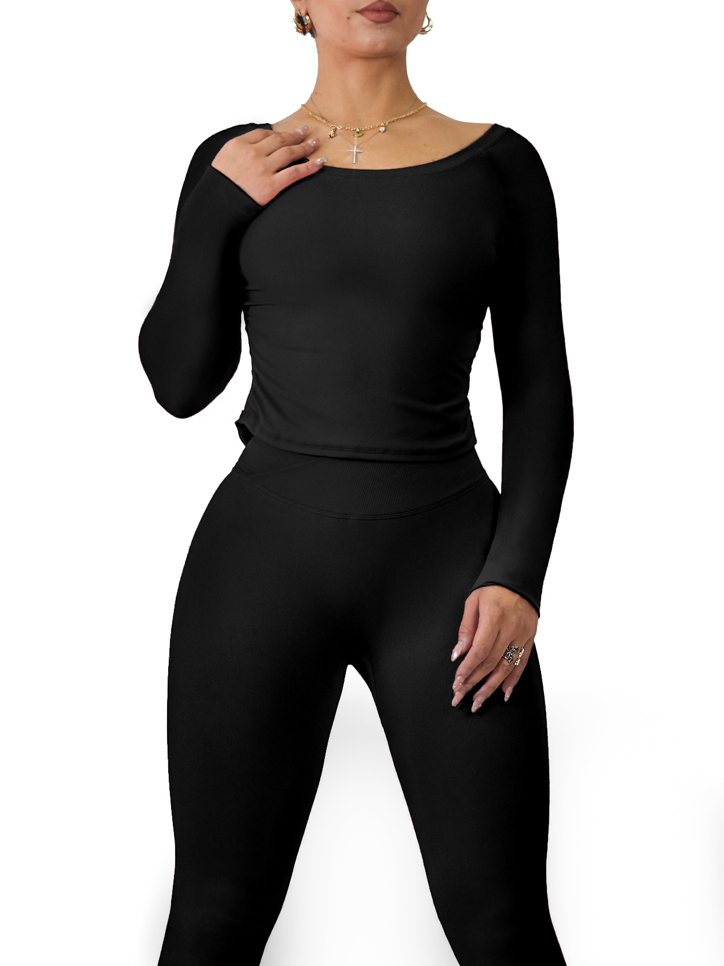 Side Scrunch Long Sleeve Top (Black)