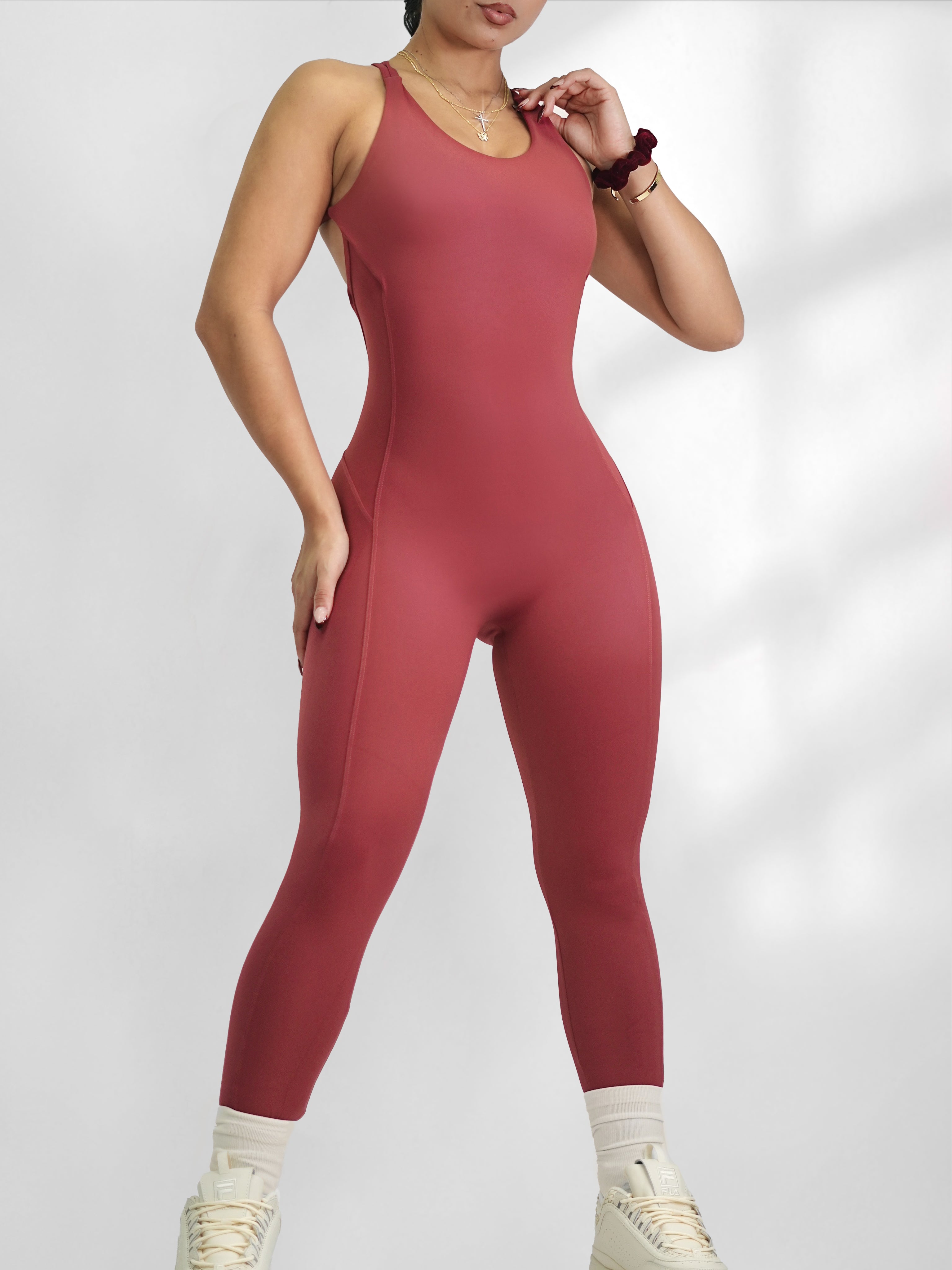 Low Back Scrunch Jumpsuit Romper (Berry Blush)