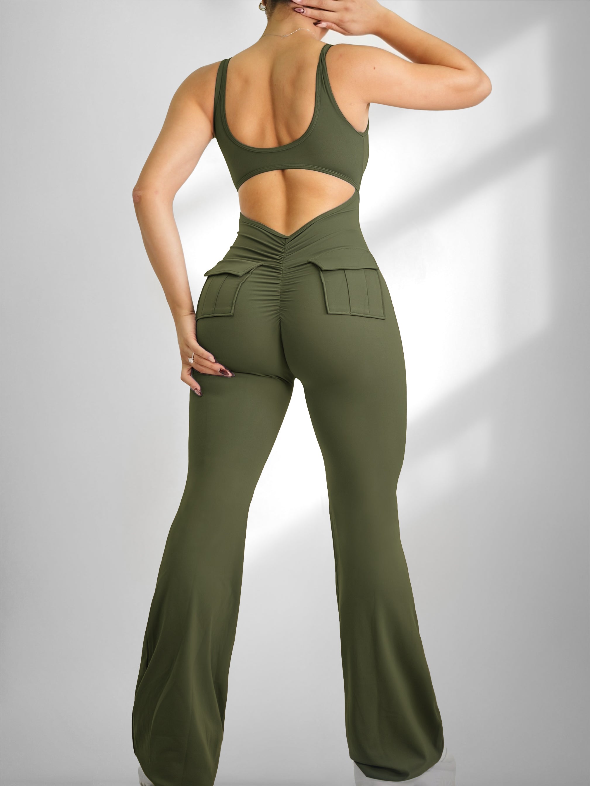 Pocket Flare Scrunch Jumpsuit (Wild Green)