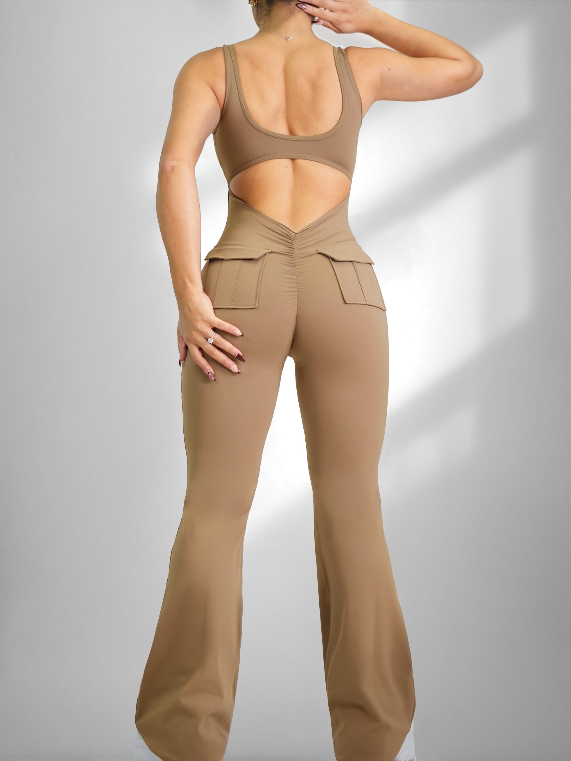 Pocket Flare Scrunch Jumpsuit (Light Cocoa)