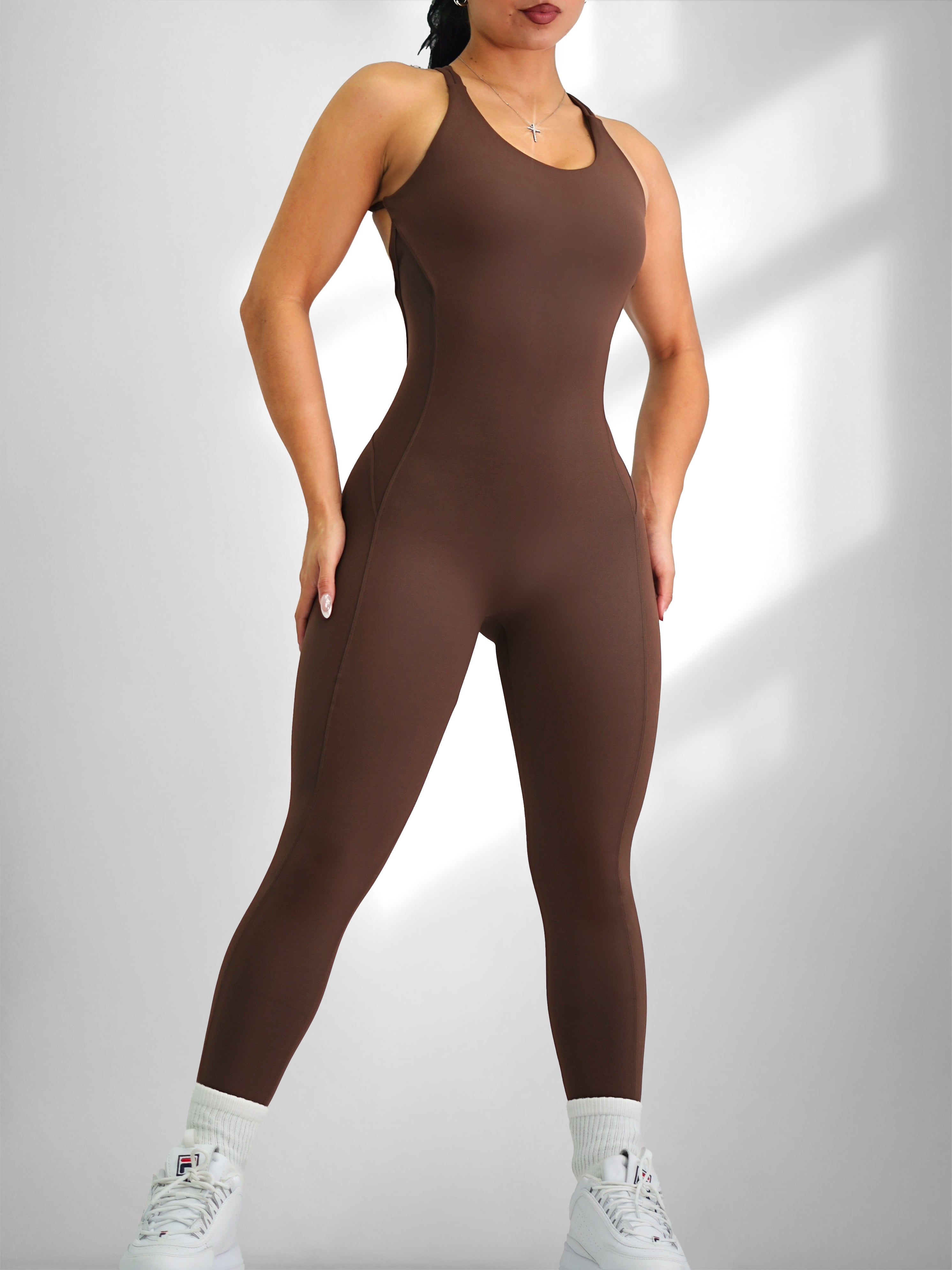 Low Back Scrunch Jumpsuit Romper (Dark Chocolate)