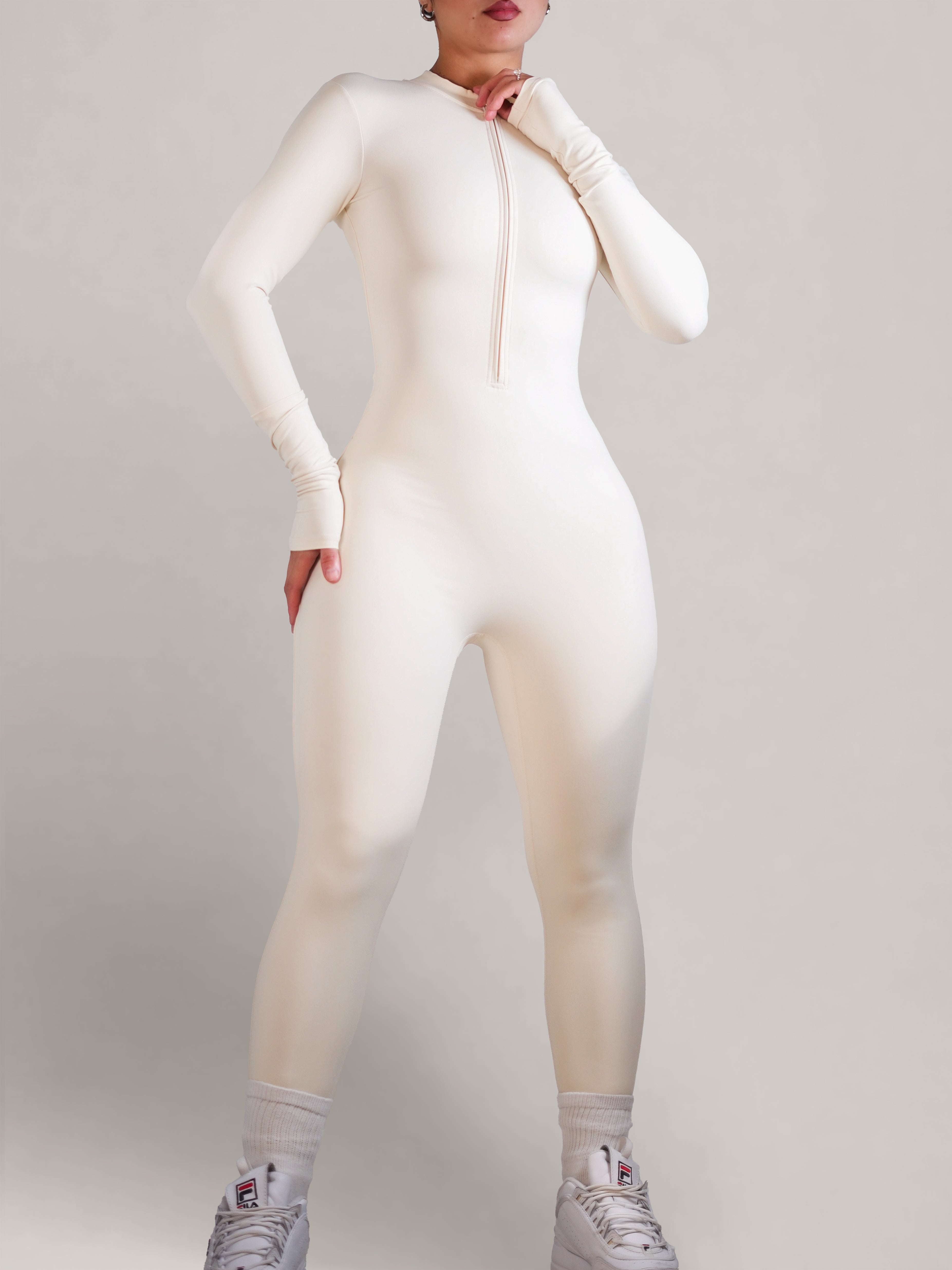 Endure Long Sleeve Zipper Jumpsuit (Vanilla Bean)