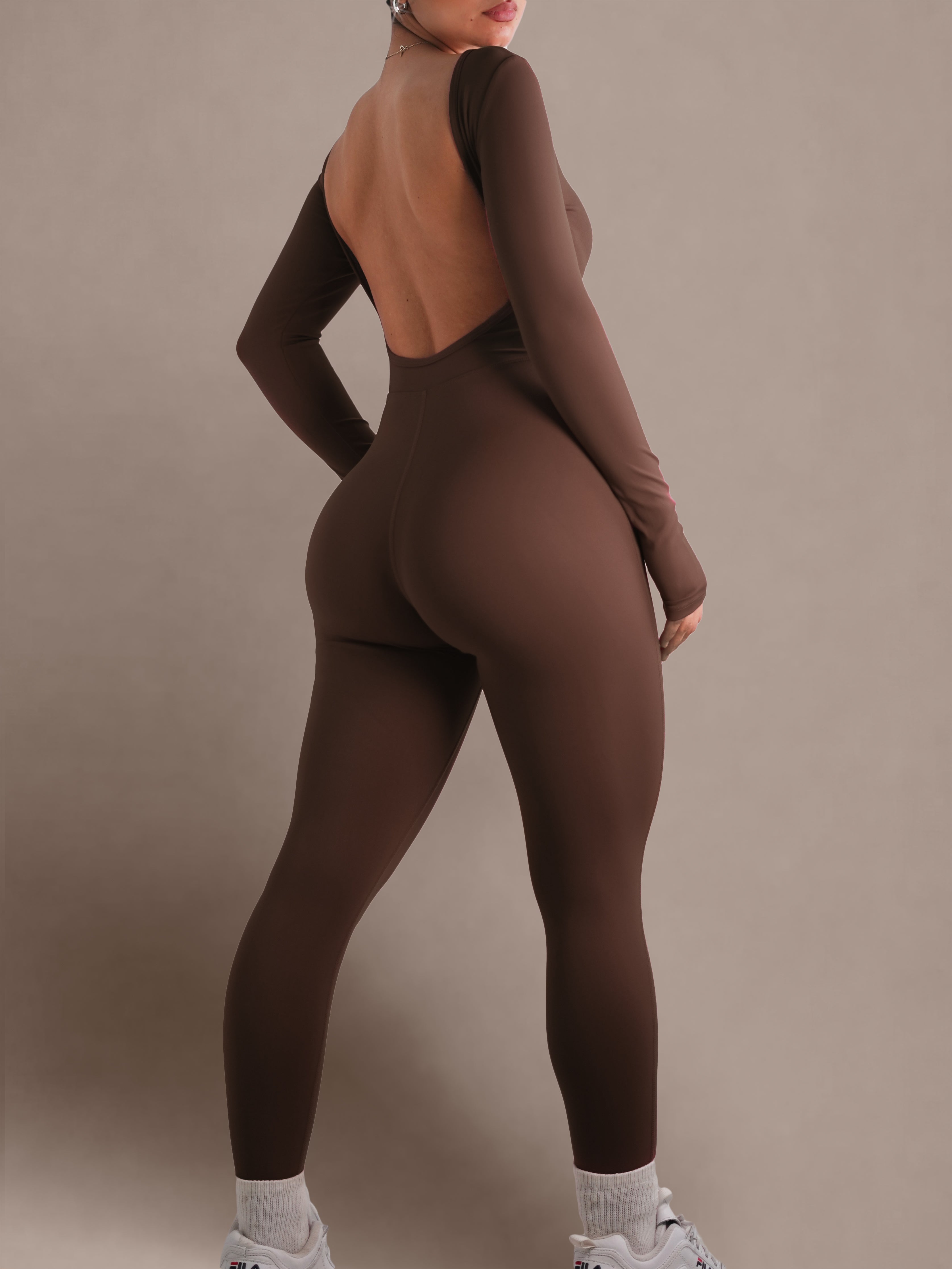 Dainty Backless Long Sleeve Jumpsuit (Smoky Brown)