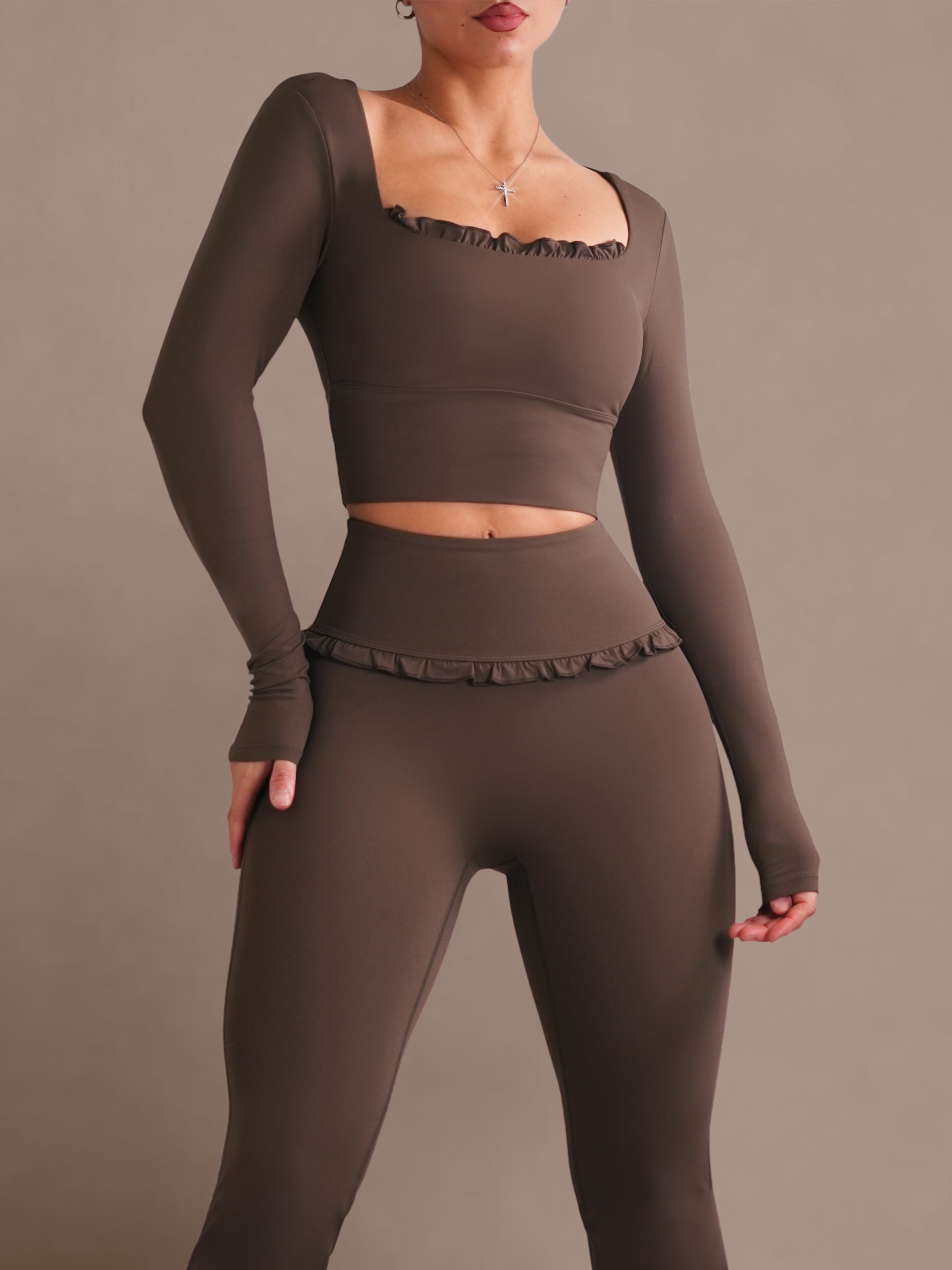 Ballet Ruffled Long Sleeve Sports Top (Espresso)