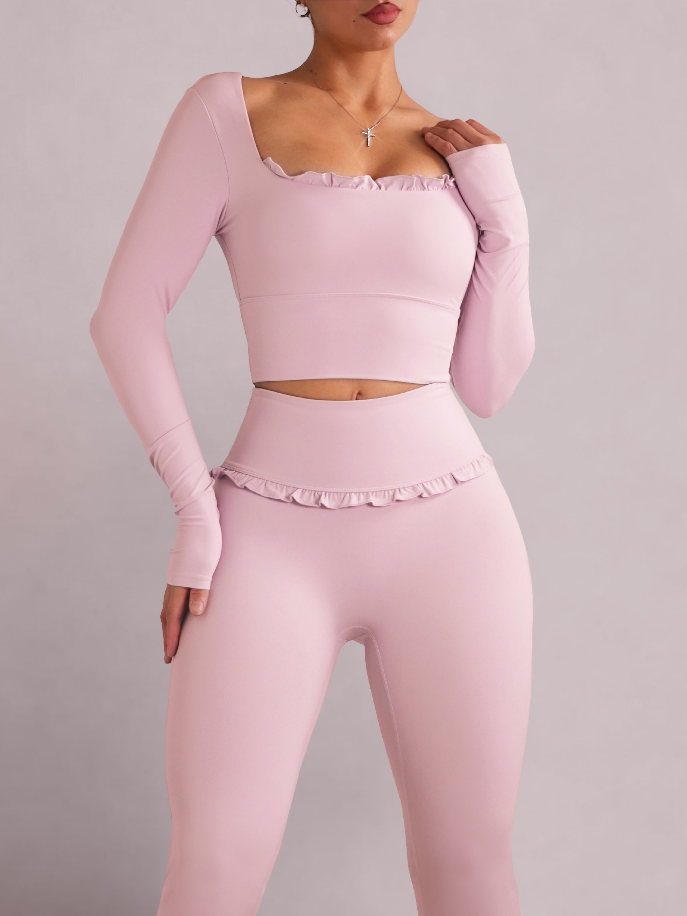 Ballet Ruffled Long Sleeve Sports Top (Blush Pink)