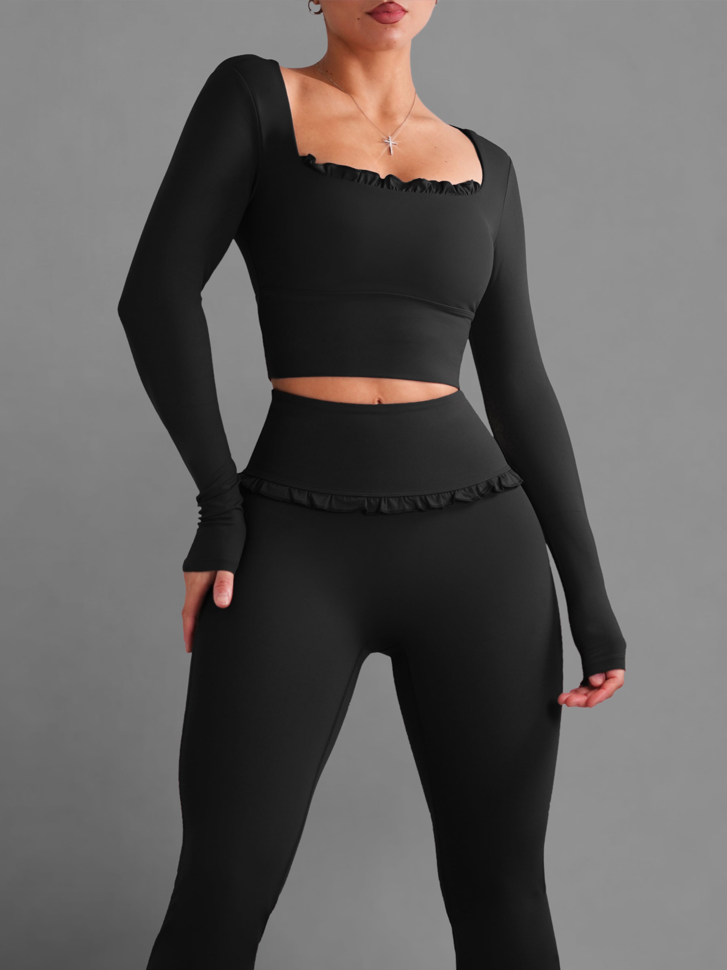 Ballet Ruffled Long Sleeve Sports Top (Black)