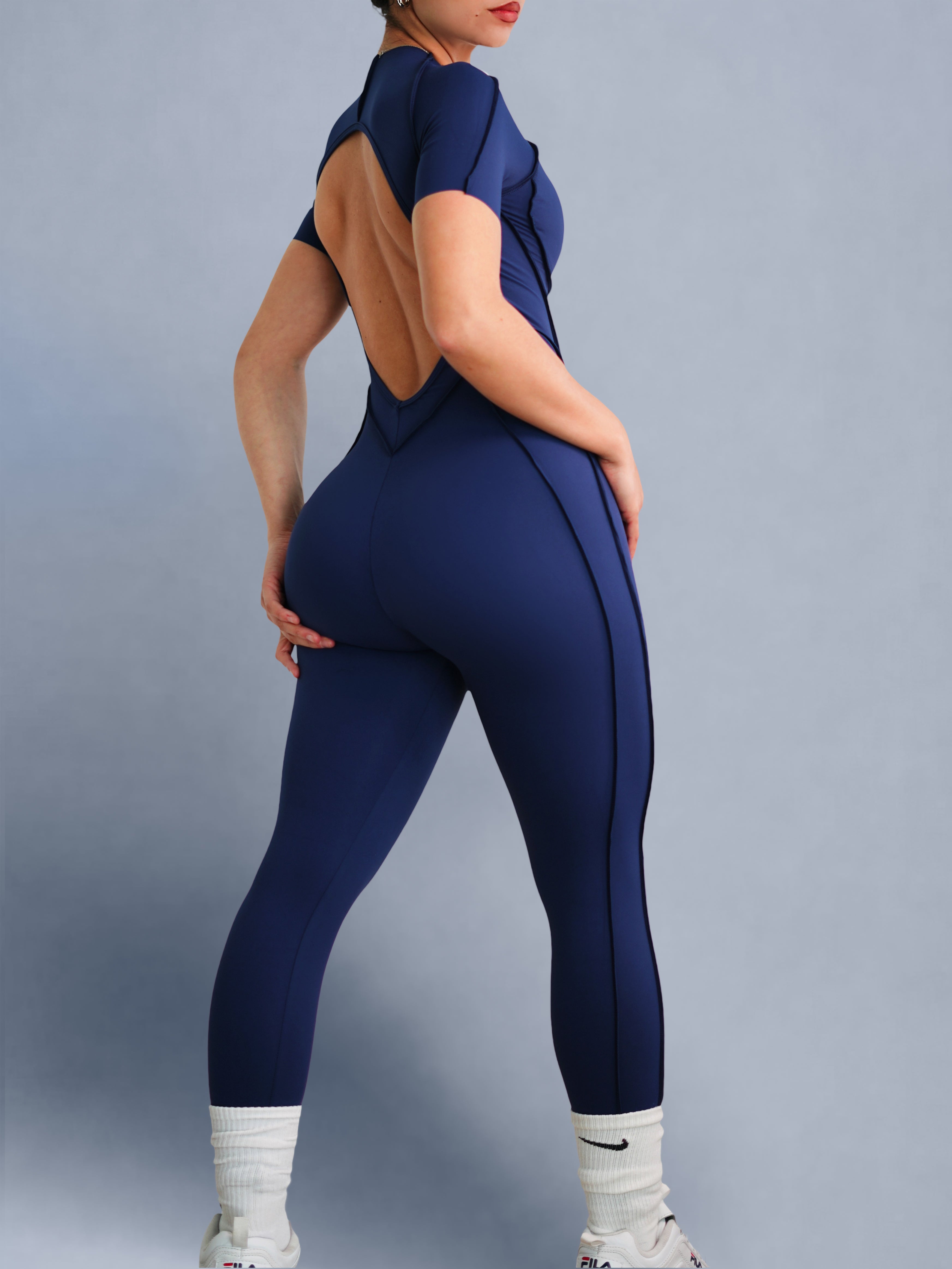 Seam Sculpt Backless Short Sleeve Jumpsuit (Navy Blue)