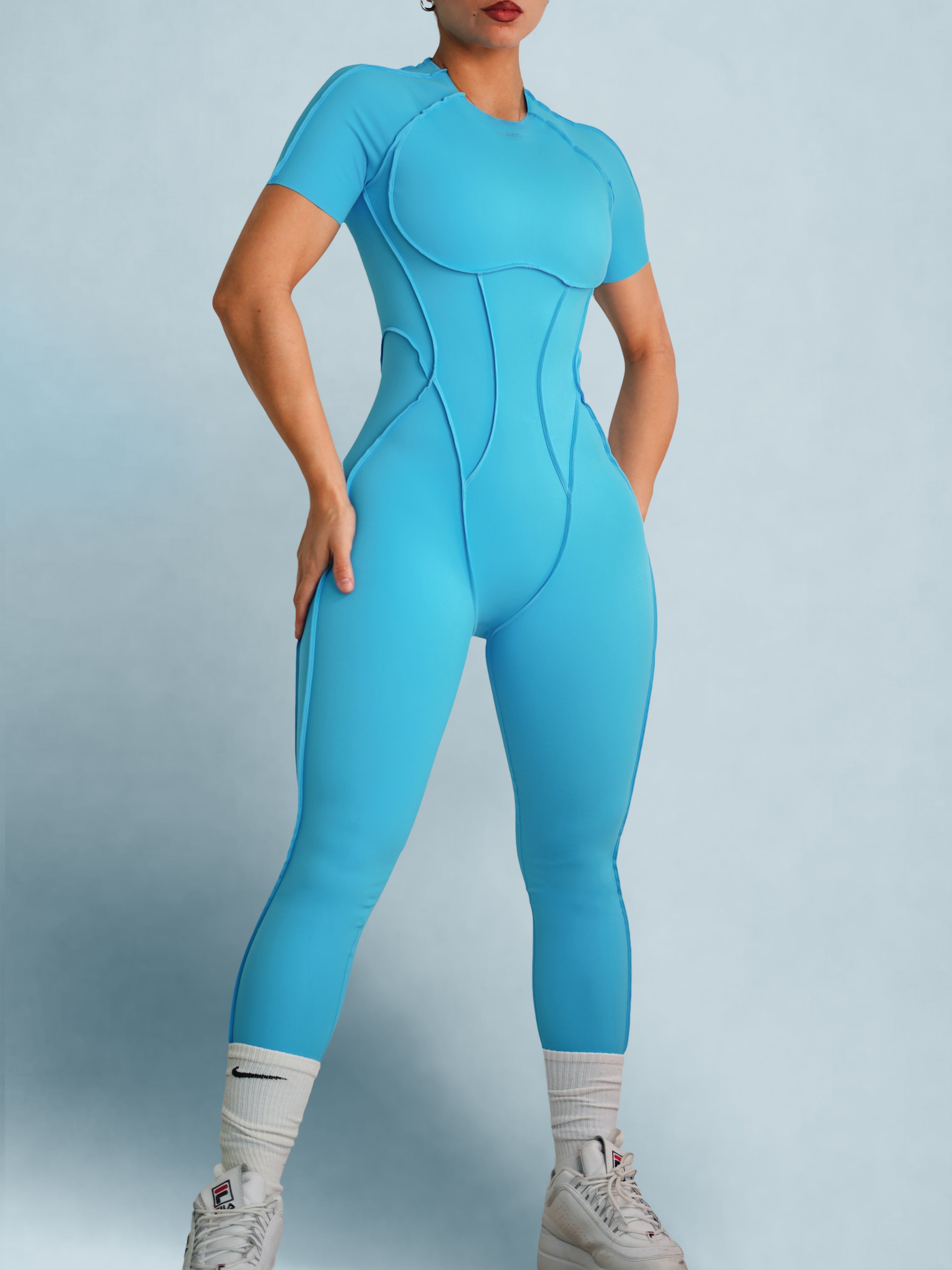 Seam Sculpt Backless Short Sleeve Jumpsuit (Blue Sorbet)