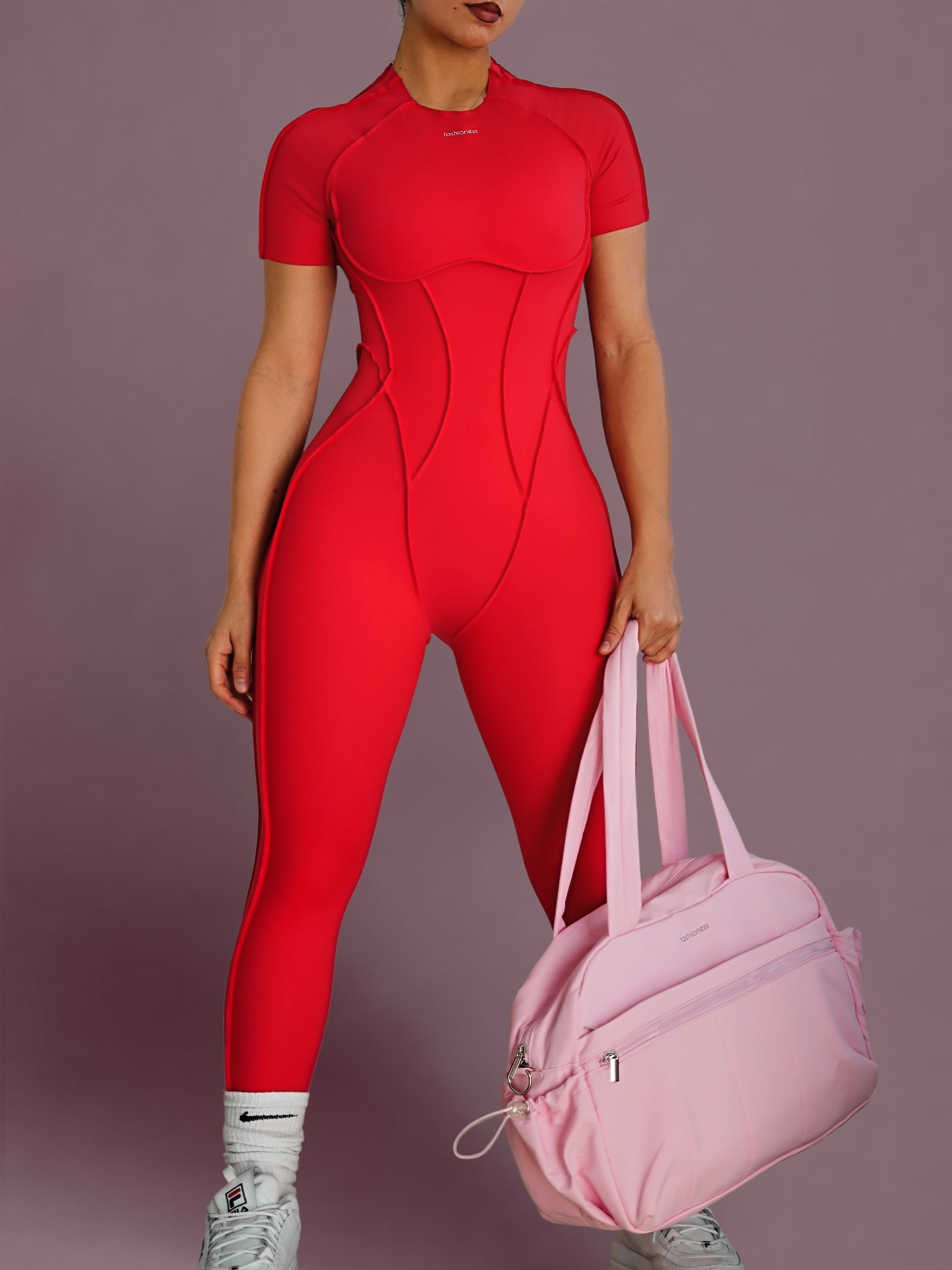 Seam Sculpt Backless Short Sleeve Jumpsuit (Lipstick Red)