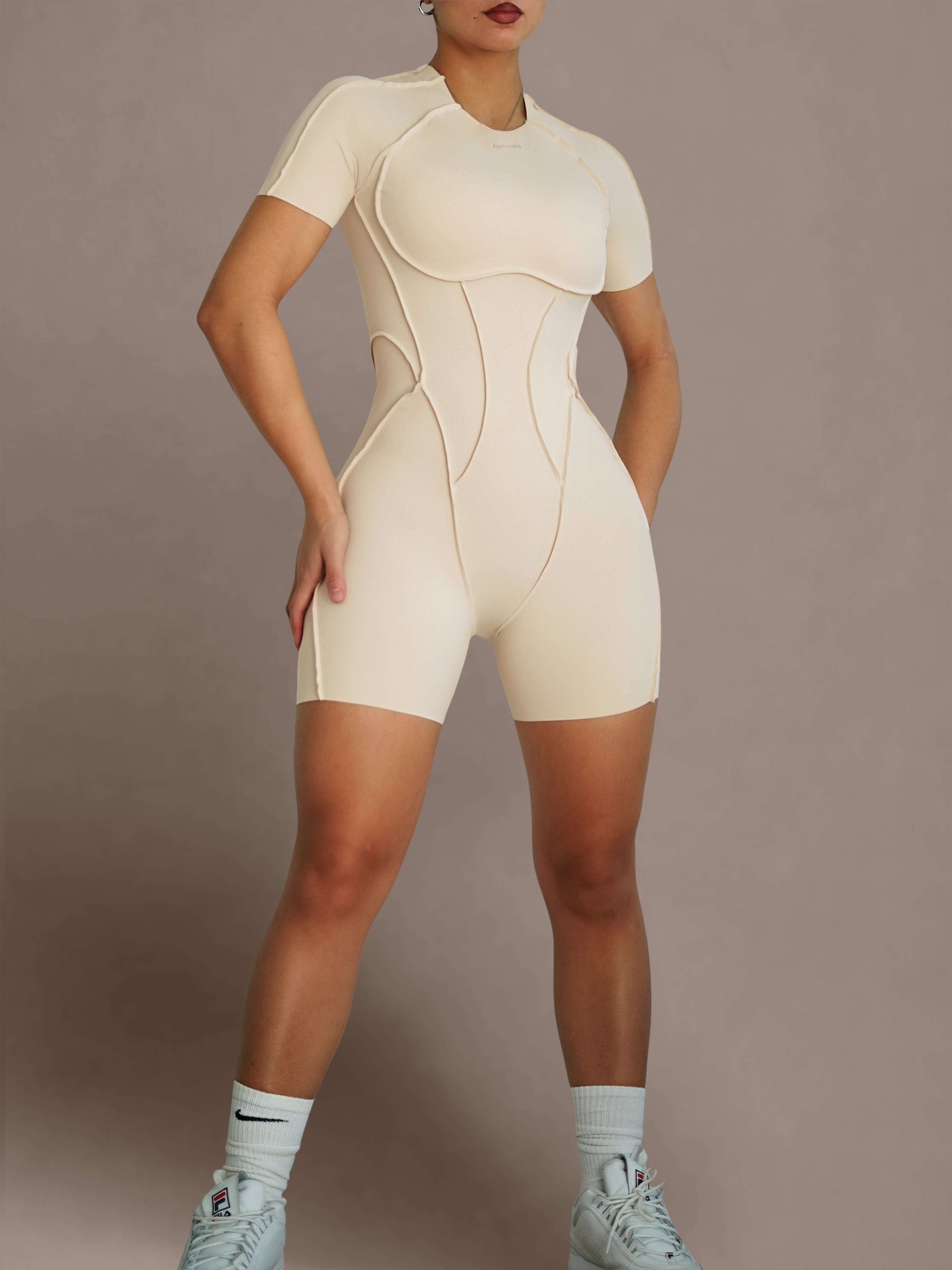 Seam Sculpt Backless Short Sleeve Romper (Buttercream)