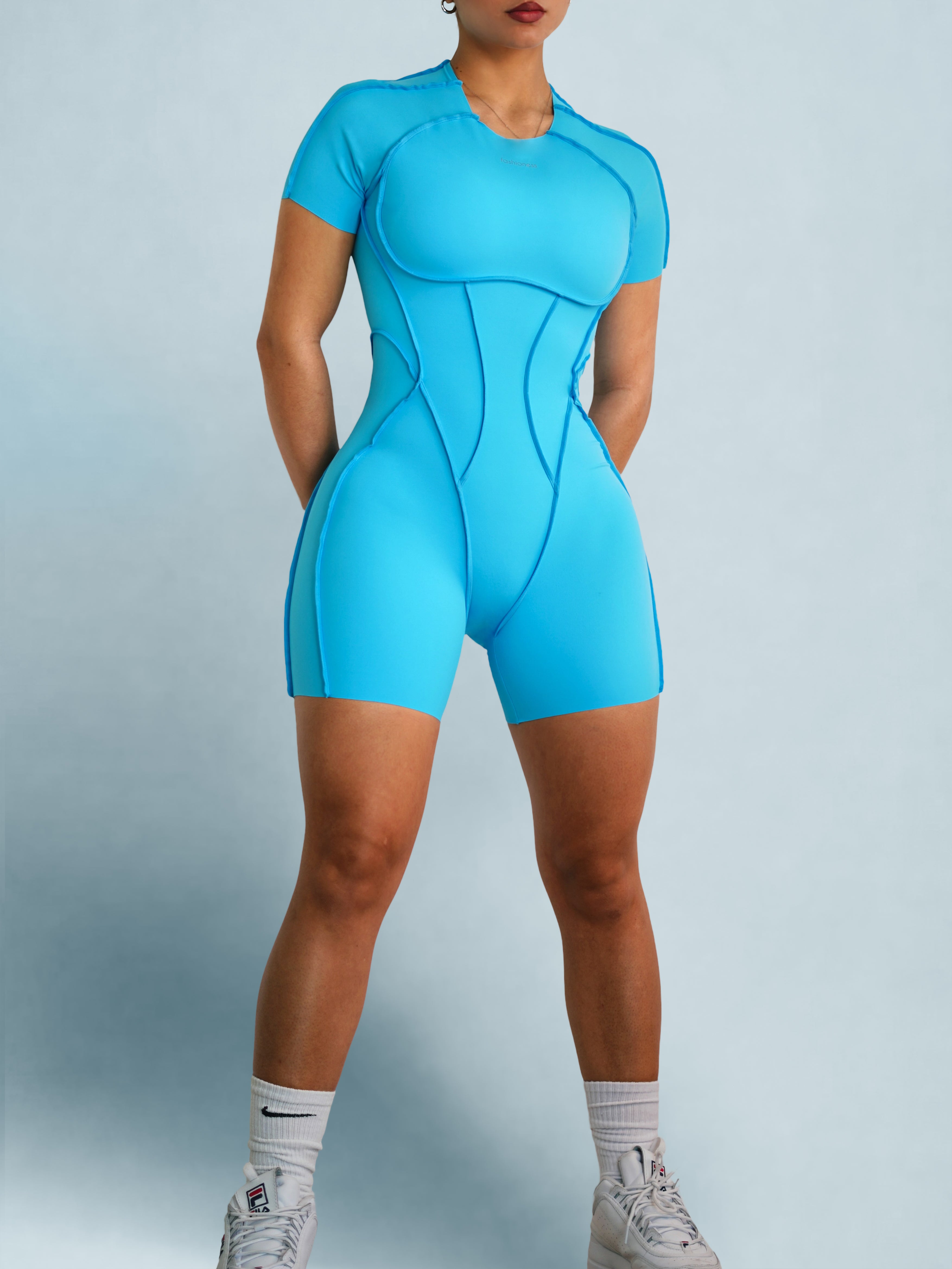 Seam Sculpt Backless Short Sleeve Romper (Blue Sorbet)