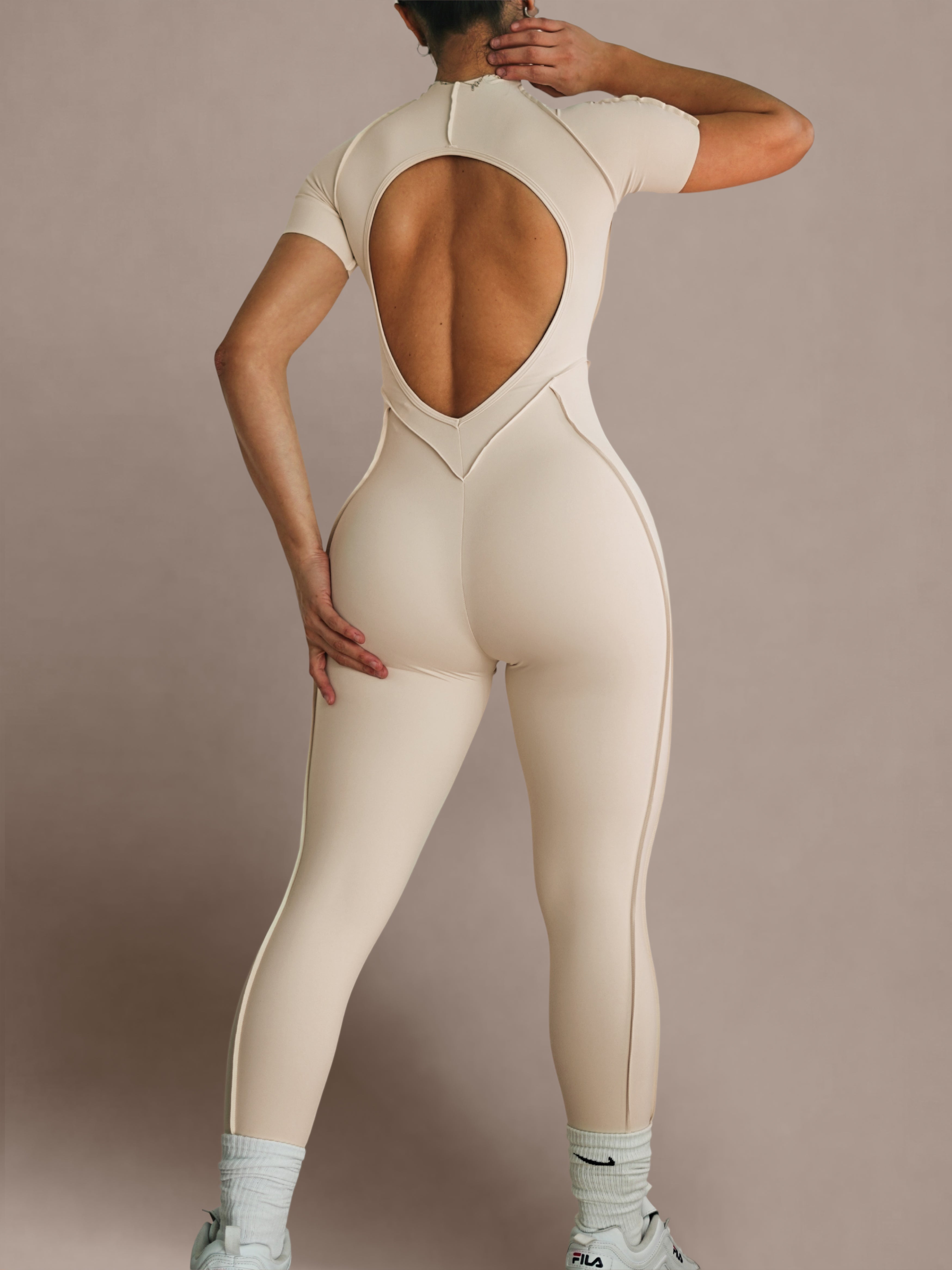 Seam Sculpt Backless Short Sleeve Jumpsuit (Buttercream)