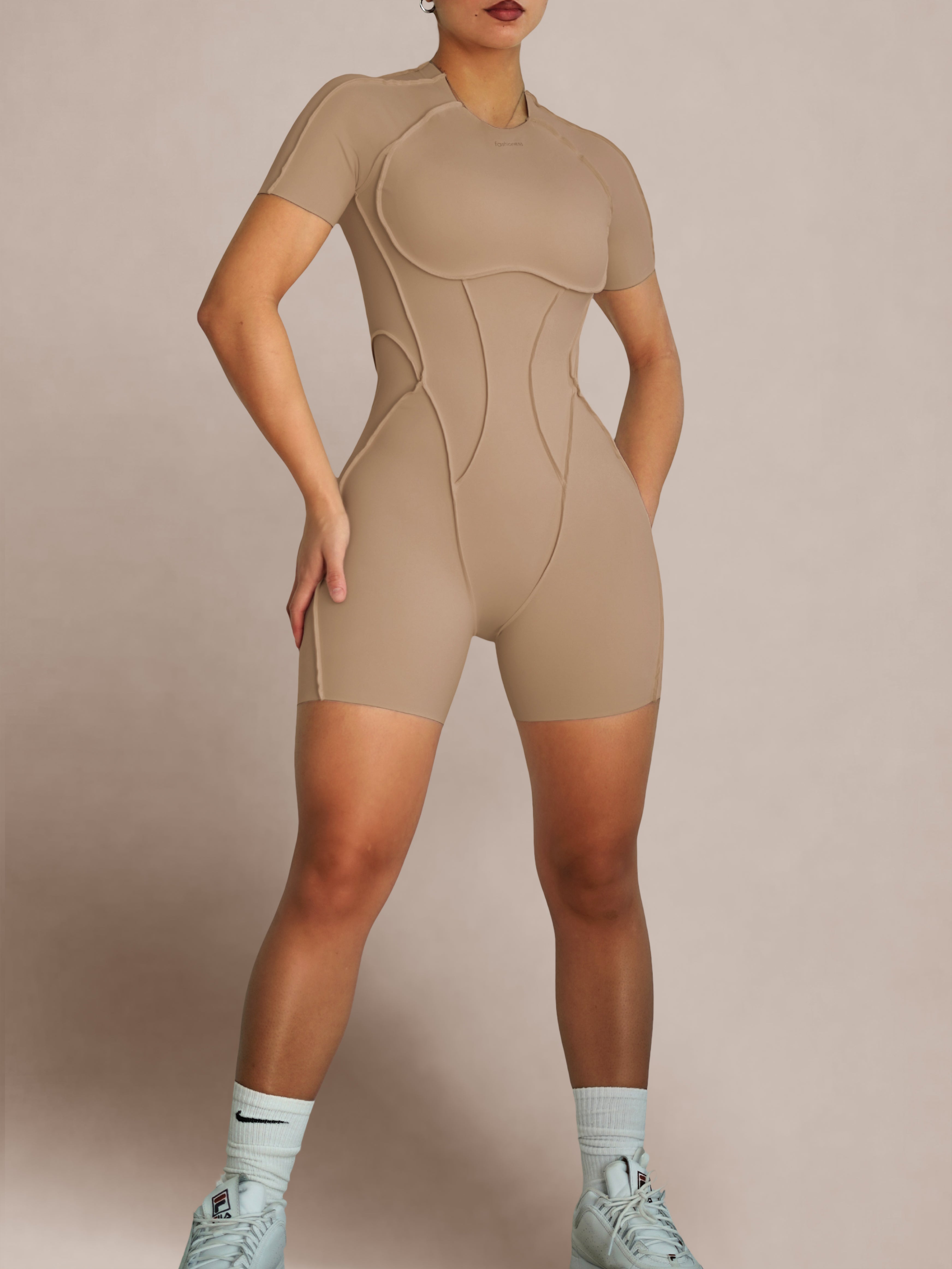 Seam Sculpt Backless Short Sleeve Romper (Latte)