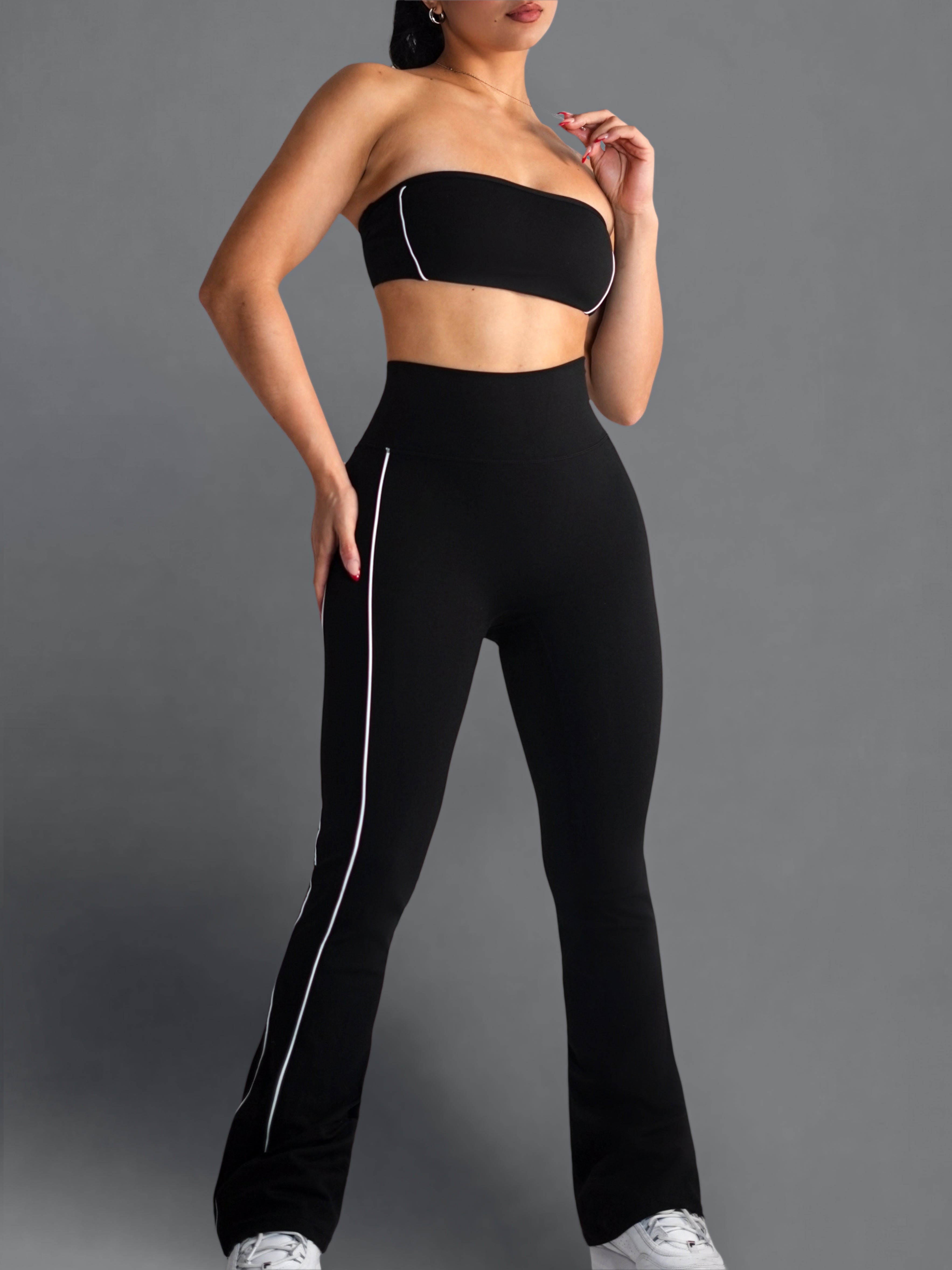 Velour Contrast Flare Leggings (Black)