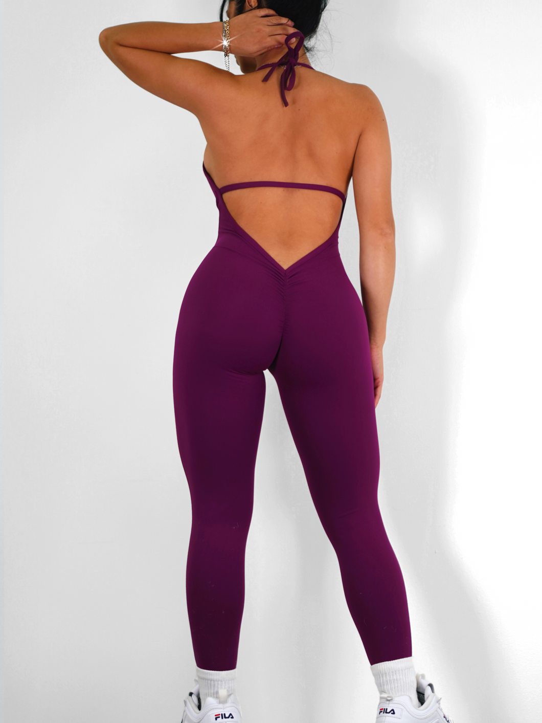 Low Back Scrunch Jumpsuit Romper (Plum Purple)