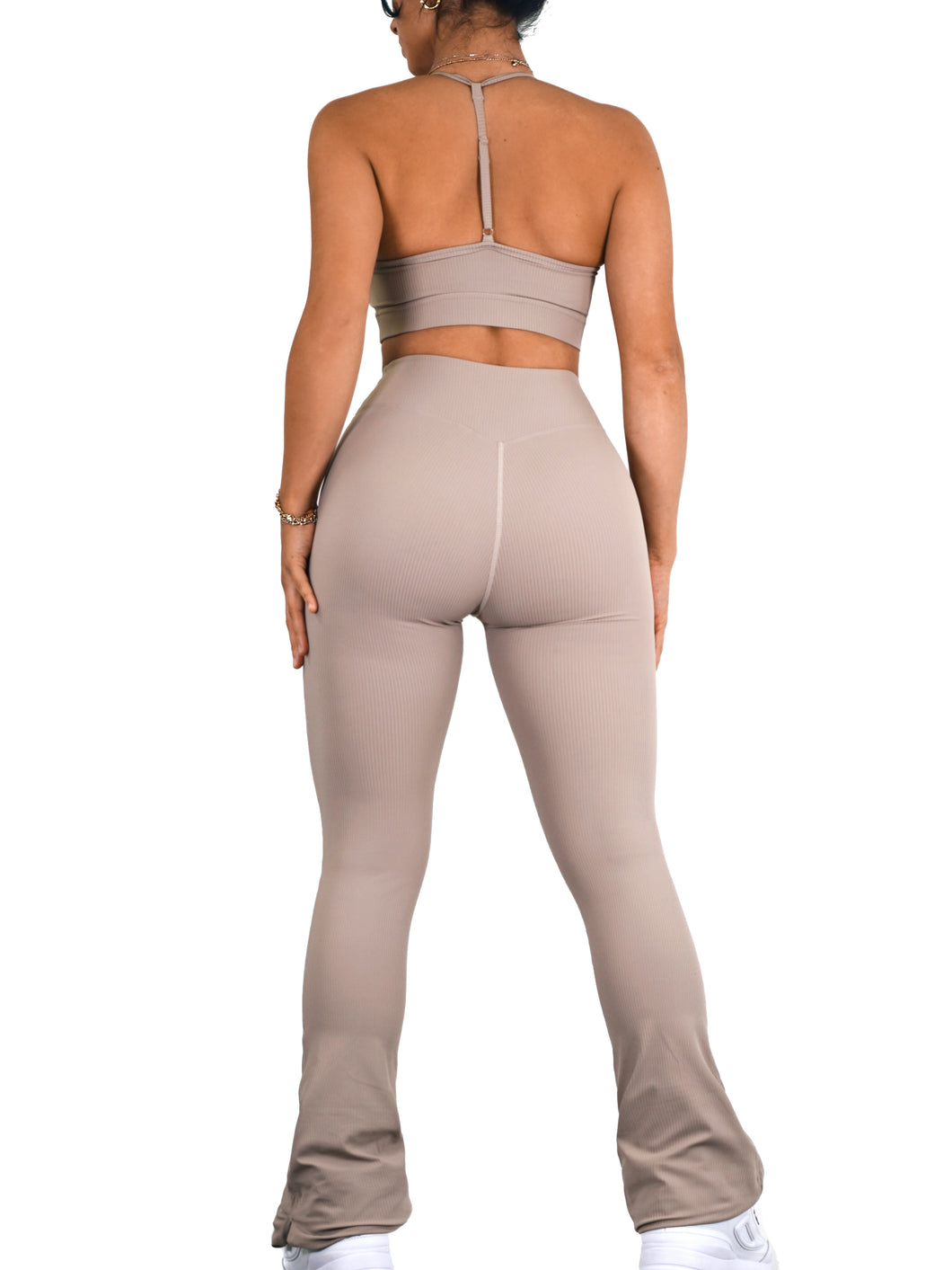 Flare Ribbed Athletic Leggings (Pearl Taupé)