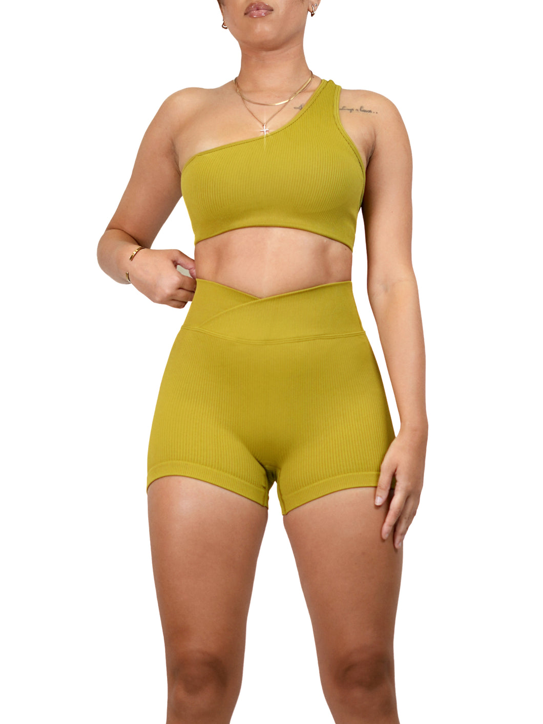 Off Shoulder Ribbed Sports Bra (Autumn Green) – Fitness Fashioness