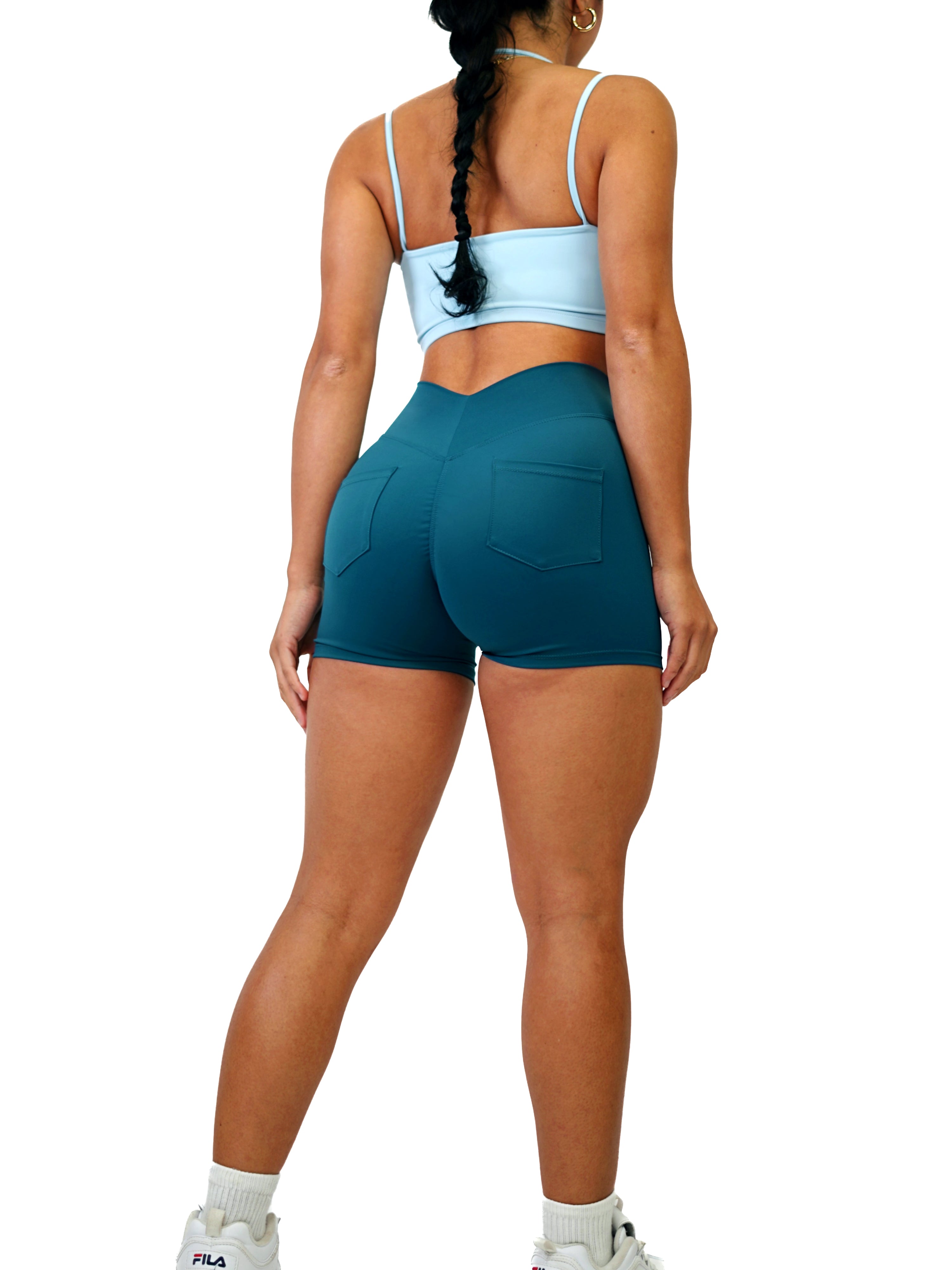 Low Back Pocket Scrunch Shorts (Navy Teal)