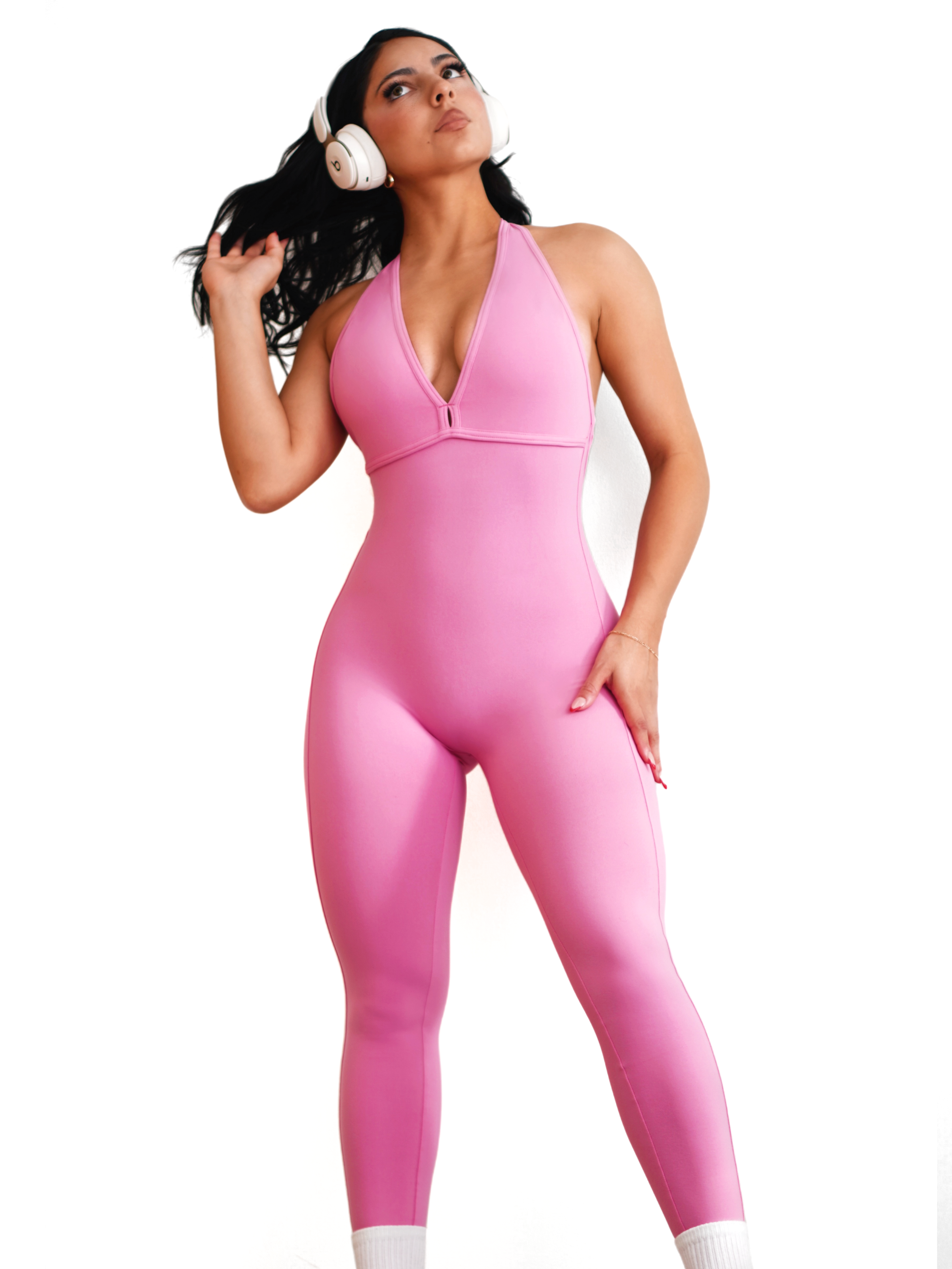 Low Back Scrunch Jumpsuit Romper (Pink)